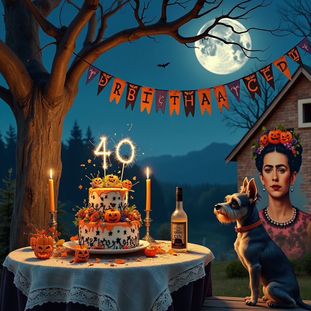 Picture a moonlit evening on the outskirts of a small, picturesque village. The sky is a deep indigo with stars twinkling like tiny lanterns. A large, ancient oak tree stands prominently on the left side of the scene, its twisted branches extending outwards like skeletal hands. Nestled under the tree is a rustic wooden table, adorned with a white lace tablecloth. 

On the table sits an elaborate birthday cake, designed in the shape of the number "40". The cake is decorated with a mix of Halloween-themed elements—tiny fondant pumpkins, bats, and ghosts intricately detailed in black and orange icing. Atop the cake, sparklers spell out "Happy Birthday, Gem" in fiery, glittering letters.

To the right of the table, a small schnauzer, complete with a tiny witch's hat, stands on its hind legs with its front paws resting on a gin bottle labeled "Witch's Brew Gin." The bottle is decorated with a whimsical label featuring a cauldron and swirling green potion.

In the background, a vibrant mural of Frida Kahlo, painted on a crumbling brick wall, gazes serenely over the entire scene. The mural incorporates Kahlo’s iconic flower crown, but the flowers are replaced with autumn leaves and tiny carved pumpkins to blend seamlessly with the Halloween theme. 

Looming in the distant sky, full of swirling dark clouds, is the moon, glowing brightly. Suspended beneath the moon is a string of pennant banners that spell out "Gem" in bold, gothic letters, each flag festooned with cobwebs and small, grinning jack-o'-lanterns.

The entire scene is set against a backdrop of tall, shadowy trees, their branches swaying gently in the night breeze, framing this unique birthday celebration with an air of solemnity and magic.
Generated with these themes: 40, Halloween , Schnauzer , Gin, and Frida Kahlo .
Made with ❤️ by AI.
