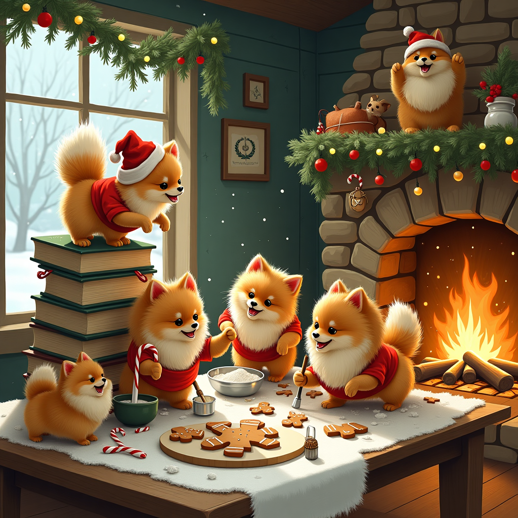 In this whimsically detailed Christmas card scene, imagine a bustling holiday kitchen set in a cozy, warmly-lit cottage, where a group of mischievous Pomeranians have taken over. These fluffy, fox-faced dogs, with their tufts of golden, russet, and creamy fur, are dressed in tiny festive aprons and Santa hats, lending them an air of delightful chaos. The kitchen, reminiscent of an Edwardian era illustration with detailed woodwork and a large hearth, is filled with the aroma of Christmas baking.

At the center of the action, one spirited Pomeranian balances precariously on a stack of vintage, illustrated cookbooks—an homage to Beatrix Potter's attention to detail and Arthur Rackham's love of anthropomorphized animals—trying to reach the flour jar on a wooden shelf. Nearby, another Pom, with an expression of both triumph and surprise, has knocked over a sack of flour, creating a snow-like dusting that envelops the scene, mirroring the snowflakes falling softly outside the frosted window.

On the rustic wooden table, styled in a Maxfield Parrish-inspired abundance, other Pomeranians are busily at work: one is stirring a mixing bowl with a wooden spoon, while another, standing on its hind legs, attempts to decorate a batch of gingerbread cookies shaped like little Pomeranians, using an icing bag. The gingerbread Poms, complete with button noses and piped fur, are perfectly imperfect, capturing the spirit of Quentin Blake's playful sketches.

In the background, a roaring fire in the stone fireplace casts a golden glow, with garlands of holly and ivy draped over the mantel, inspired by the intricate linework of Aubrey Beardsley. A sprig of mistletoe hangs from the ceiling beam, teasing a moment of festive mischief. On the floor, Edward Gorey-esque shadows dance playfully, as one Pom excitedly chews on a stray candy cane, while another, wrapped in a string of Christmas lights, resembles a glowing ball of fluff.

The scene, filled with joyous pandemonium and endearing clumsiness, is completed with a view through the window of a tranquil snow-covered landscape, evoking N.C. Wyeth's epic storytelling, inviting the viewer to imagine the world beyond the bustling kitchen.
Generated with these themes: Pomeranians.
Made with ❤️ by AI.