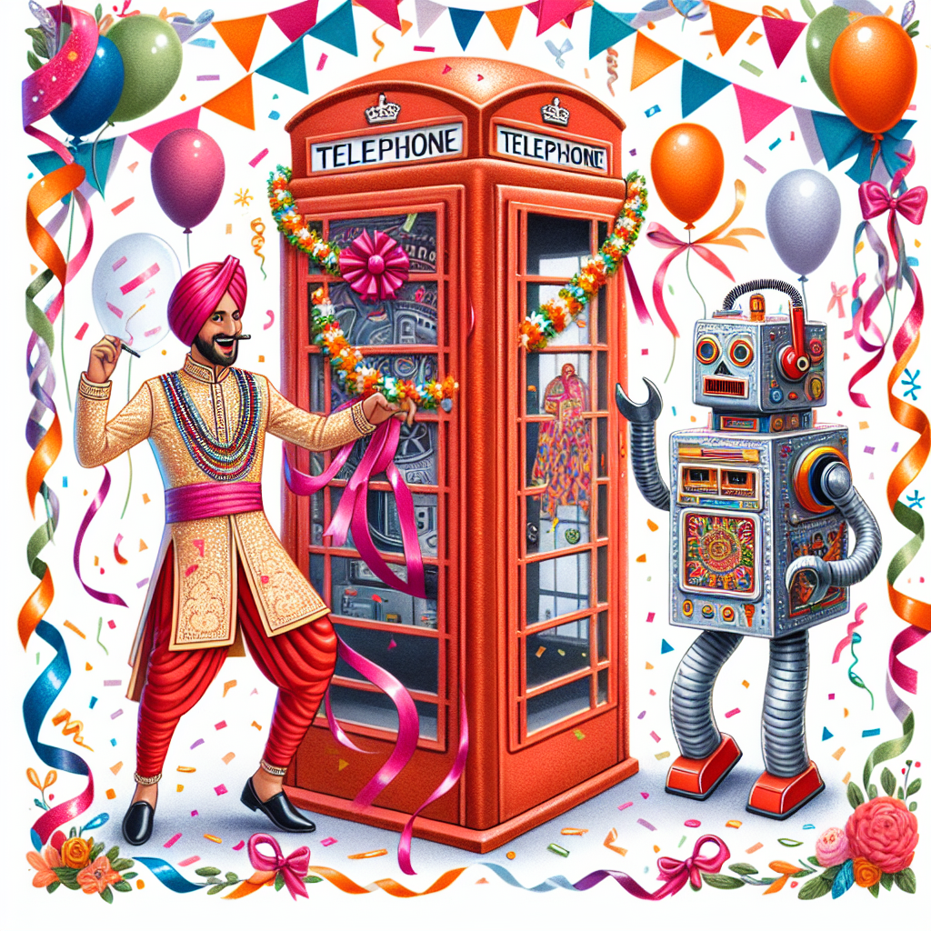 Immerse yourself in a scene of festivity with a classic telephone booth at the center of the birthday celebration, adorned with radiant ribbons and bows. A male character of South Asian descent, known for his traditional Bhangra attire, exudes joy as he leads a dance. An imaginative robot, quirky in its appearance, joins the party with a colorful garland draped over it. The whole illustration is enveloped by a lively border of balloons and celebratory confetti, enhancing the birthday theme.
Generated with these themes: Dr who, Tardis, Dalek, Bhangra, and Singh.
Made with ❤️ by AI.