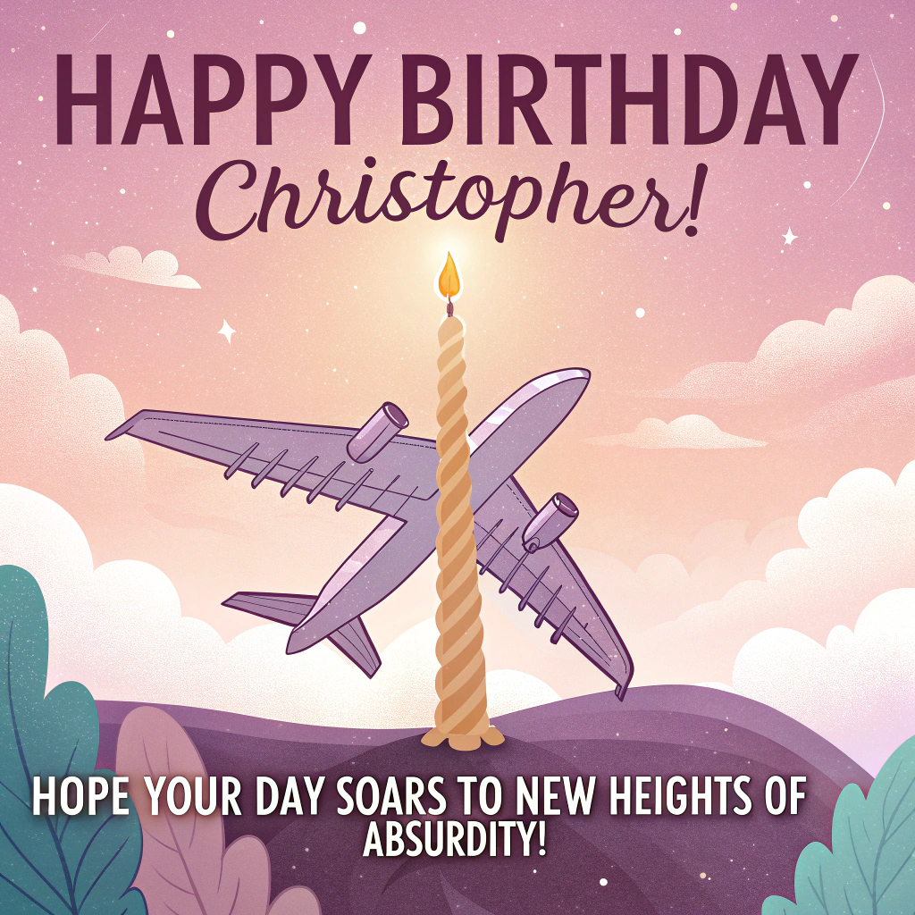 At the top of the image, "Happy Birthday Christopher!":

In the center of the image, create a surreal scene with a giant melting aeroplane floating through a dreamy, pastel-colored sky. The wings of the aeroplane transform into wings of whimsical birds, and its fuselage is a giant, twisted candle. 

Add at the bottom of the image, "Hope Your Day Soars to New Heights of Absurdity!"
Generated with these themes: Aeroplanes, and .
Made with ❤️ by AI.