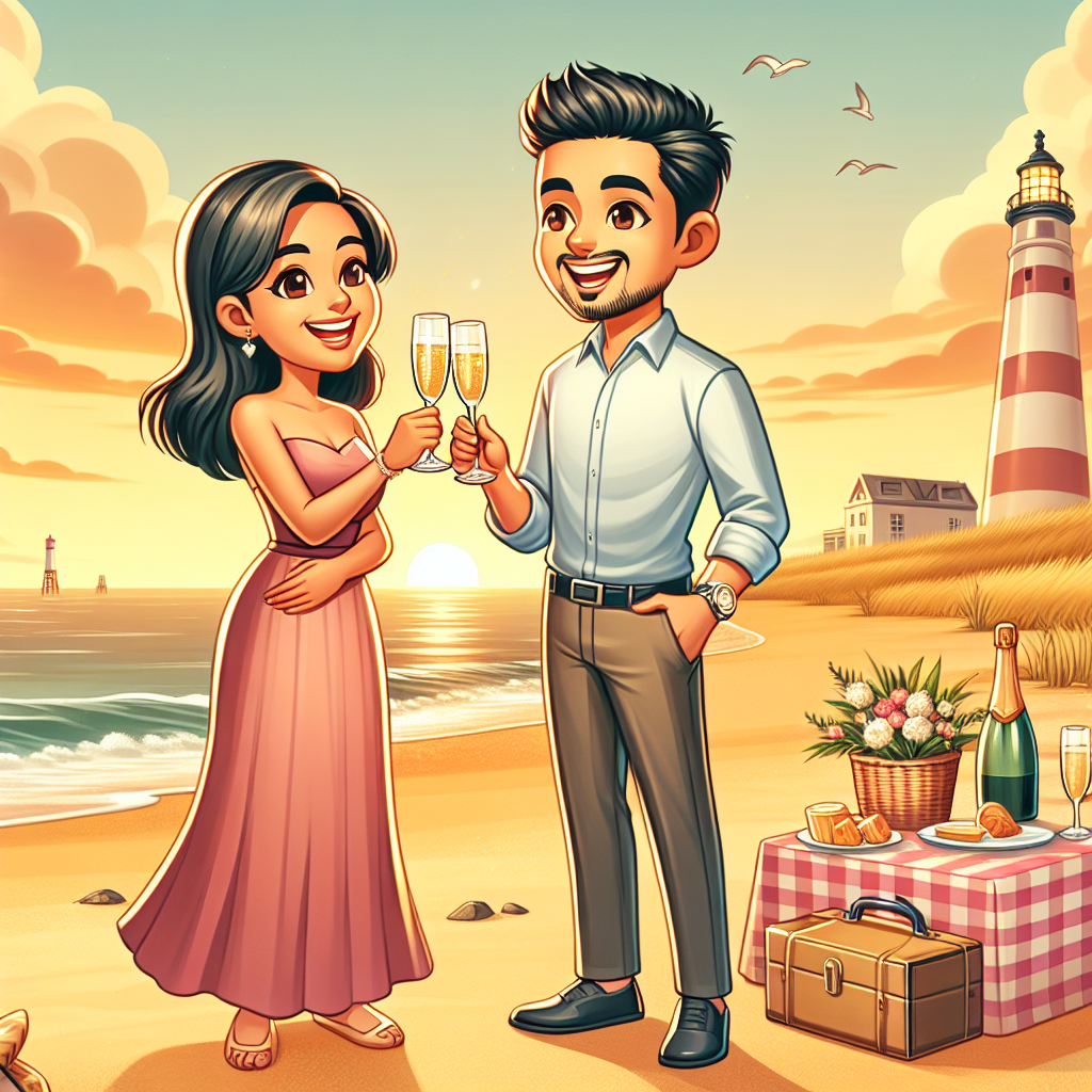 Create a charming cartoon image of a South Asian woman and a Hispanic man, both in a loving relationship, honouring their anniversary on the sandy beach of a generic coastal location. The sky is being adorned with hues of orange and gold from the setting sun, providing a picturesque backdrop to the couple who is seen cheerfully raising a toast with glasses of champagne near a small, romantic picnic setup. A gentle zephyr carries the fresh marine odour while a generic lighthouse is visible afar, imparting a reminiscent charm to the scene.
Generated with these themes: Newcastle, and Beach.
Made with ❤️ by AI.