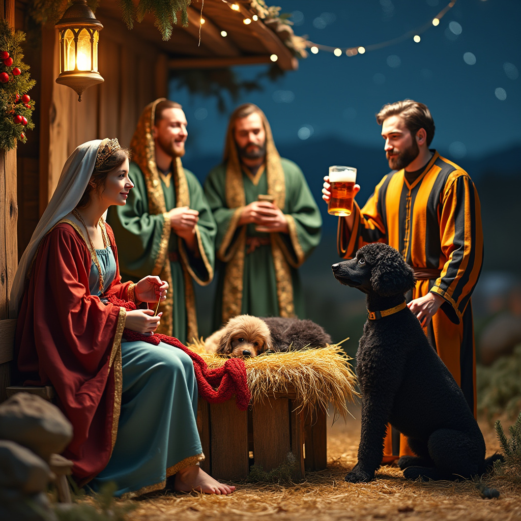 In the heart of a bustling Bethlehem, the air is filled with the melody of Christmas hymns sung by three wise men dressed in choir robes that shimmer with golden threads, reflecting the starry night. They stand in perfect harmony by a humble manger, their voices resonating like a celestial chorus. Mary, portrayed with serene elegance, sits nearby on a simple wooden stool, her hands gently weaving vibrant red and green yarns into a soft blanket. Her knitting needles glint subtly in the warm glow of a hanging lantern. Nestled comfortably in the manger, a black poodle snoozes peacefully, its curly fur a stark contrast to the golden hay it rests upon. To the side, Joseph exudes a relaxed demeanor, donned in a Hull City Tigers football shirt that boldly displays the team's signature amber and black stripes. With a jovial grin, he raises a pint of frothy ale, capturing a sense of joyous celebration. The backdrop is a starry night sky, where the North Star twinkles brightly, guiding the scene below, while the rustic stable is adorned with festive wreaths and strings of cranberries. The setting blends the traditional nativity with charming modern quirks, creating a whimsical tableau that is both heartwarming and delightfully unexpected.
Generated with these themes: Nativity scene, Mary Knitting, Black poodle in manger, Joseph wearing Hull City Tigersfootball shirt and holding a pint, and 3 wise men choir singing.
Made with ❤️ by AI.