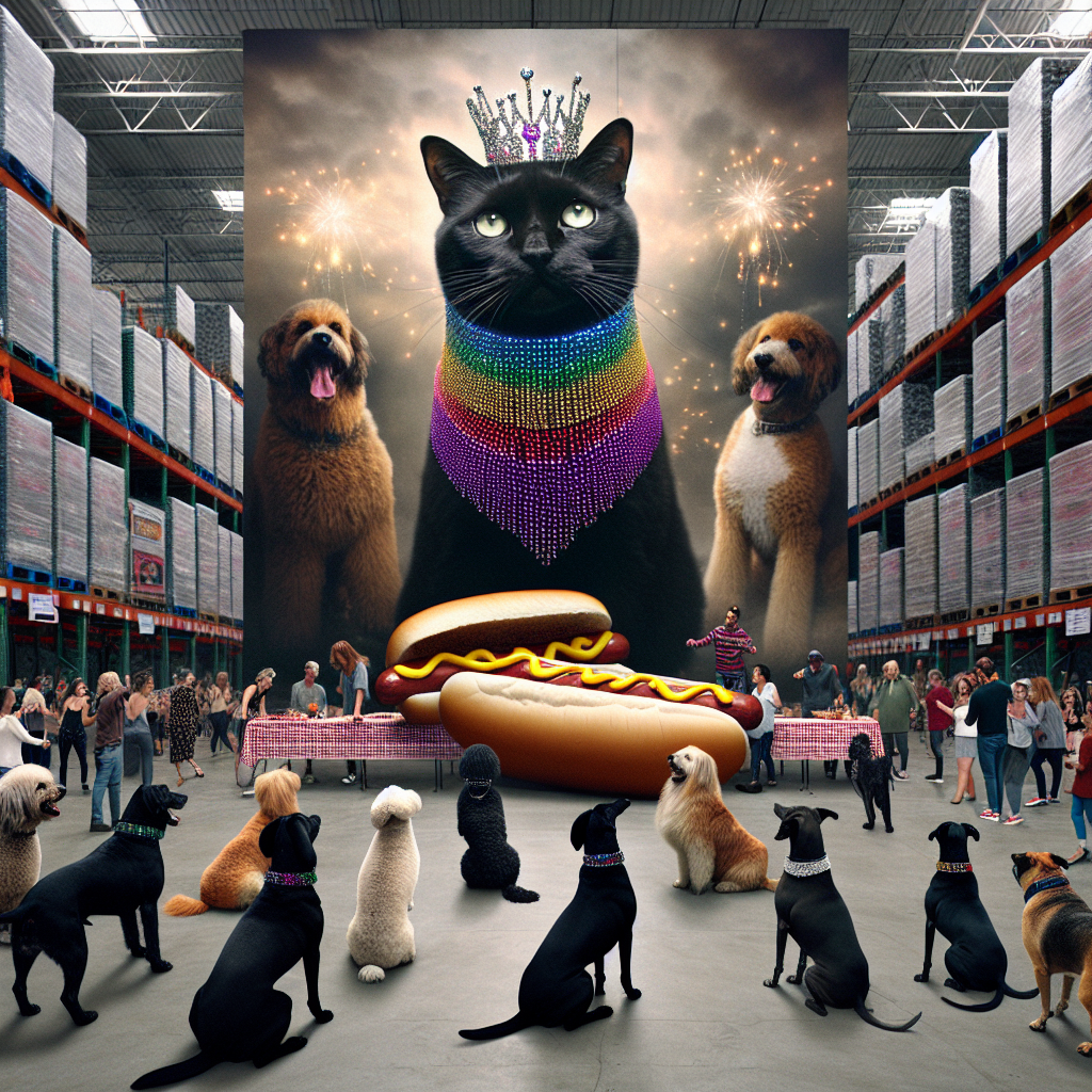 In a surreal but grounded scenario, a cavernous warehouse akin to Costco morphs into a unique party site for a birthday celebration. At the centre, a large and regal black cat, dignified with a sparkling collar of rainbow colours, stands nobly, radiating an atmosphere of flamboyance. Encircled by a mixed group of different breed dogs, the cat rules the revelries with grandeur. The setting buzzes with the crackling sound of hotdogs sizzling on a grill nearby, with the aroma tantalising both human patrons of varying gender and descent, and their canine counterparts, artfully merging everyday life with this extraordinary festivity.
Generated with these themes: a big gay black cat in costco with his dog friends having a birthday party with hotdogs.
Made with ❤️ by AI.