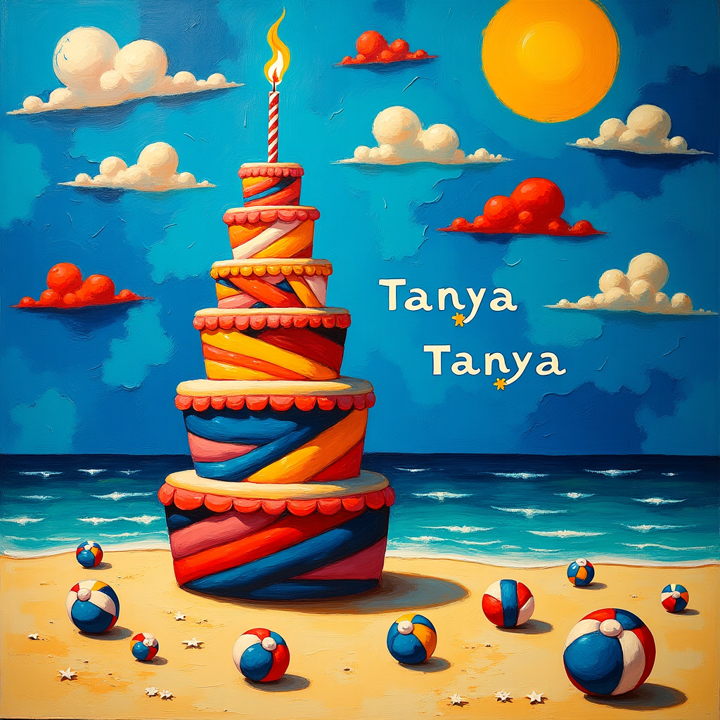 Picture a whimsical, abstract beach scene set under a vibrant, chaotic sky. The background swirls with layers of deep cobalt blues and sun-drenched yellows, reminiscent of a Pollock splatter, mimicking the sun’s rays and the ocean's depth. Scattered across the sky are geometric clouds, each a quirky nod to Mondrian's iconic color blocks, painted in bright reds, blues, and yellows. 

At the center, a giant, surreal birthday cake looms on the sandy shore, its layers crafted in Kandinsky-style concentric circles, each tier a riot of abstract forms and bold colors, spiraling upwards. The cake is topped with a single, oversized candle that looks like a de Kooning brushstroke, its flame dancing wildly like a Twombly scribble. 

The word "Tanya" is playfully etched into the clouds, formed from stylized letters that float and shift, much like a playful Miro design, giving the impression they are being carried away by the gentle beach breeze. Below, a Rothko-esque horizontal band of sand stretches across the bottom, its soft earth tones grounding the scene amidst the vibrant chaos above. 

On the beach, abstract figures reminiscent of Richter's blurred forms dance around the cake, their bodies composed of smudged colors and shifting shapes, evoking a sense of movement and joy. Nearby, a series of playful beach balls—spheres of minimalist patterns like Agnes Martin grids—dot the sand, bouncing in frozen motion, captured mid-air.

This delightful, whimsical landscape invites Tanya into a birthday celebration like no other, set against the enchanting backdrop of a dreamlike, abstract beach.
Generated with these themes: beach.
Made with ❤️ by AI.