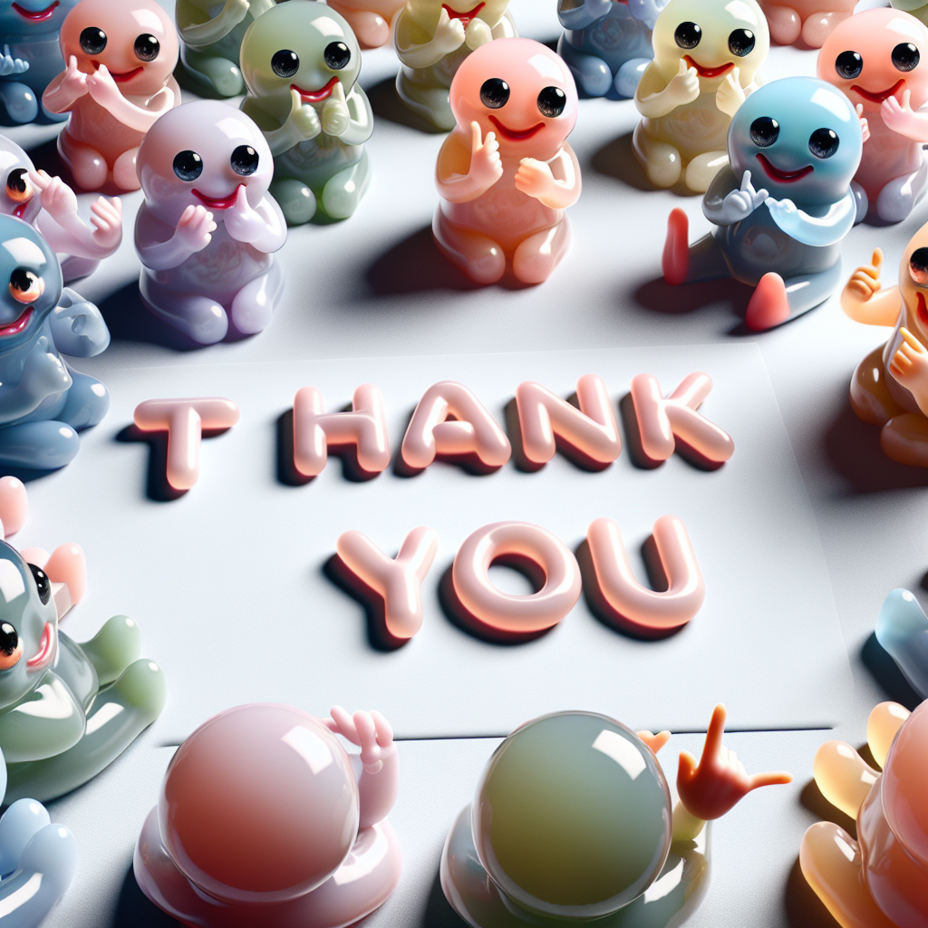 Visualize an endearing scene with jelly baby figures, presented in soft pastel colors, positioned in a jovial arrangement. Each character is comically utilizing their miniscule hands to sign a different letter from the phrase 'Thank You' following sign language norms. The glossy, jelly-like texture of their bodies along with their large, shimmering eyes intensifies the cartoonish charm of the image. The phrase 'Thank You' is prominently displayed at the center, inscribed in a bubbly, playful font style, conveying feelings of gratitude.
Generated with these themes: Sign language, and Jelly babys.
Made with ❤️ by AI.