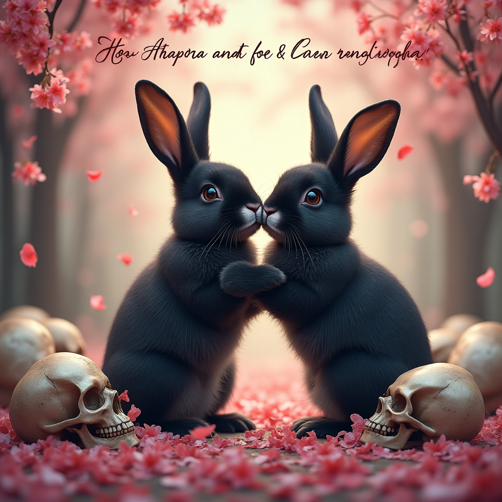 , Black rabbit with a white nose , Black lop rabbit , Cherry blossom , Love , Skulls, and Birthday Card