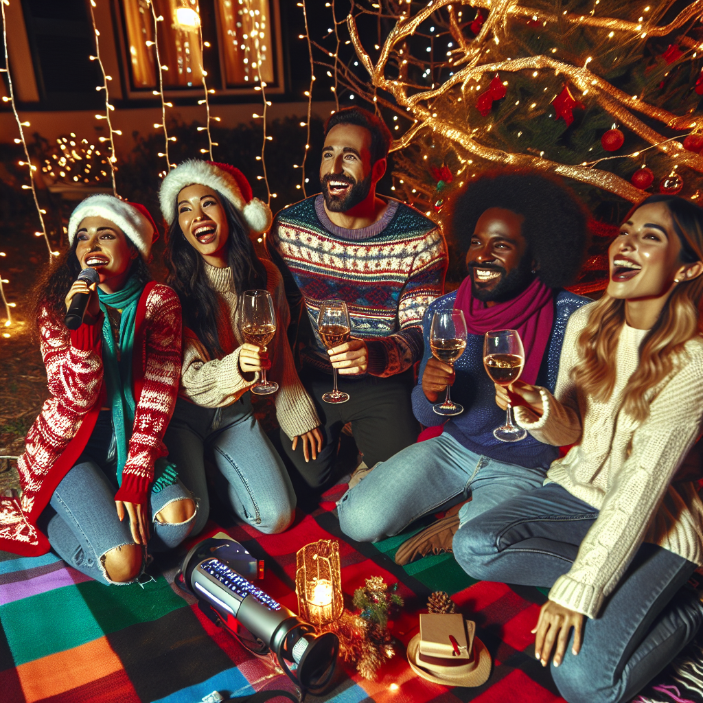 Photo representation of a unique Christmas Eve scene where a group of friends are gathered on a festive picnic blanket, enjoying wine and singing Christmas songs on a karaoke machine, all set against a backdrop of twinkling Christmas lights.
Generated with these interests: Picnic blanket, Wine, and Karaoke.
Made with ❤️ by AI.
