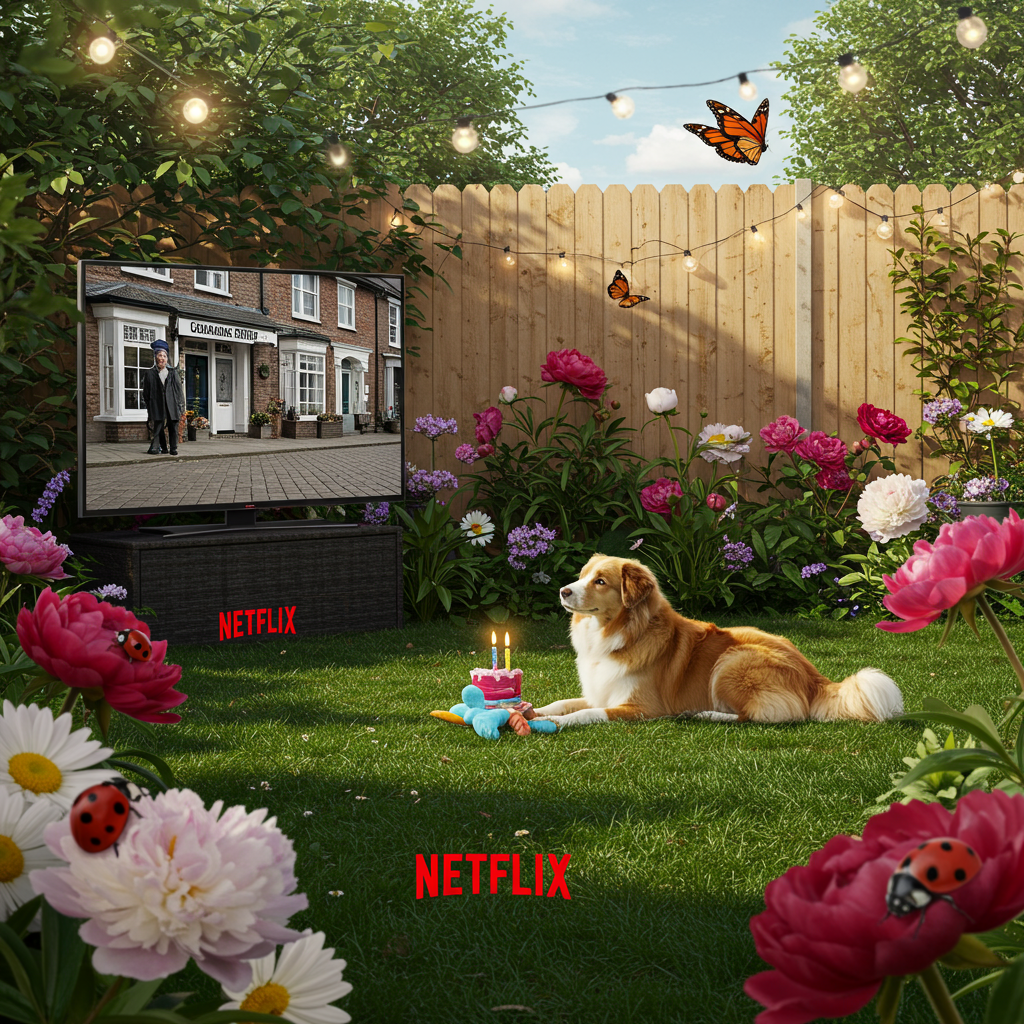 Front and center of the birthday card, a vivid, detailed photograph-style image unfolds. A bustling garden scene is set with lush, vibrant flowers – peonies, daisies, and roses, their petals in a riot of pinks, whites, and reds – each petal appearing almost dewy with lifelike detail. Nestled among the blooms are ladybirds, their shiny red shells punctuated with inky black spots, some crawling lazily over petals, while others rest, appearing to enjoy the sun.

In the background, a tall, sunlit wooden fence provides a warm, rustic backdrop. Draped over the top of the fence are strands of twinkling fairy lights, tiny bulbs resembling stars just beginning to shimmer in the afternoon light. Perched on one corner of the fence, a Monarch butterfly – its wings a striking palette of orange, black, and white – flutters gracefully, casting a delicate shadow over the fence.

To the left of the scene, a flat-screen TV is nestled on a quaint outdoor table, depicting a paused scene from 'Coronation Street'. The iconic cobblestones of the show's street, instantly recognizable, contrast with the colorful garden surroundings. The TV, sleek and modern, seems to balance the natural and the man-made.

On the grass, which is a lush emerald green, lies a fluffy, cuddly dog. Its fur is a patchwork of golden and white, like a small, living teddy bear. The dog's tail is wagging in mid-play, a plush toy in the shape of a bright blue butterfly caught playfully between its paws.

This whimsical, yet realistic scene is wrapped in the soft glow of a lazy afternoon sun, casting long, gentle shadows across the garden, while a small, red Netflix logo subtly peeks from the bottom corner of the TV screen, completing the delightful visual narrative of this birthday card.
Generated with these themes: Ladybirds, Butterflies , Flowers, Netflix, Cuddly dog, and Coronation street.
Made with ❤️ by AI.
