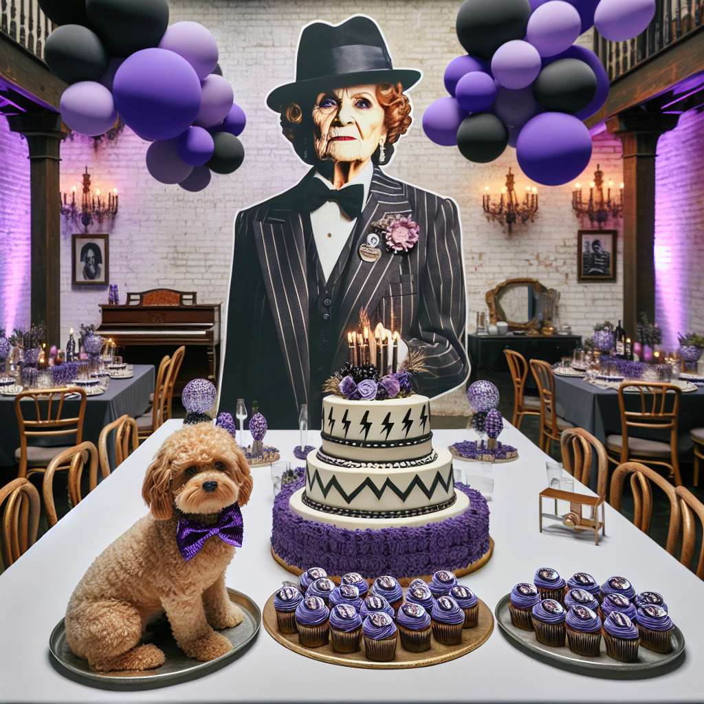 Create an image of a whimsical yet realistic birthday party scene. At the center of the room features a life-sized cutout of a senior woman dressed in classic gangster attire, humorously holding an oversized birthday cake. Purple and black balloons float above, casting a welcoming ambience over the crowd. Tables are adorned with elaborately designed cupcakes, decorated with iconic lightning bolts - a symbol often associated with unconventional music. Roaming around the room is an endearing Cavapoo dog, its curly fur adorned with a bow tie that matches the purple and black theme of the party.
Generated with these themes: Gangster gran, David Bowie , Purple , Black, and Cavapoo .
Made with ❤️ by AI.