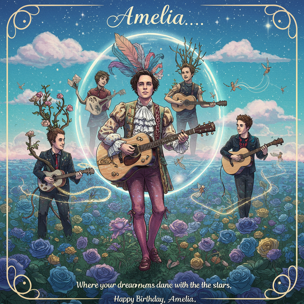 At the top of the Surreal Style image, a swirling script spells out **Amelia...**

**Image Description:**

Envision a dreamlike landscape where the boundaries of reality and imagination blur. At the center, Ryan Ross, adorned in a whimsical, Renaissance-inspired outfit, strums an ornate, feather-encrusted guitar. His eyes are gentle pools of mystery, reflecting a cosmic sky full of swirling stars and vibrant nebulae. Surrounding him are members of Fall Out Boy, each engaging with peculiar instruments, their features morphing into elements of nature—one with hair flowing into tree branches, another with hands turning into cascading waterfalls.

The scene unfolds within a floating glass sphere, drifting through an endless azure sky, speckled with cotton candy clouds and abstract shapes. Below, a lush garden of overgrown roses blooms with fantastical colors—blues, purples, and golds. Tiny winged creatures dart between the petals, carrying threads of light that weave through the air like musical notes.

A gentle, surreal romance emanates from the scene, as if every element is in harmony, whispering a birthday wish wrapped in melody and wonder. At the bottom of the image, in a playful, flowing font: "Where your dreams dance with the stars, Happy Birthday, Amelia!"
Generated with these themes: Ryan ross, Fall out boys, and .
Made with ❤️ by AI.