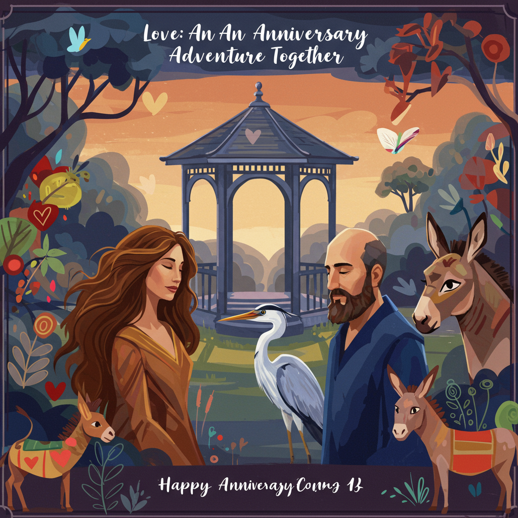 Gazebo, Woman with long brown hair, Bald man with a beard, Heron, Donkey, and Anniversary Card