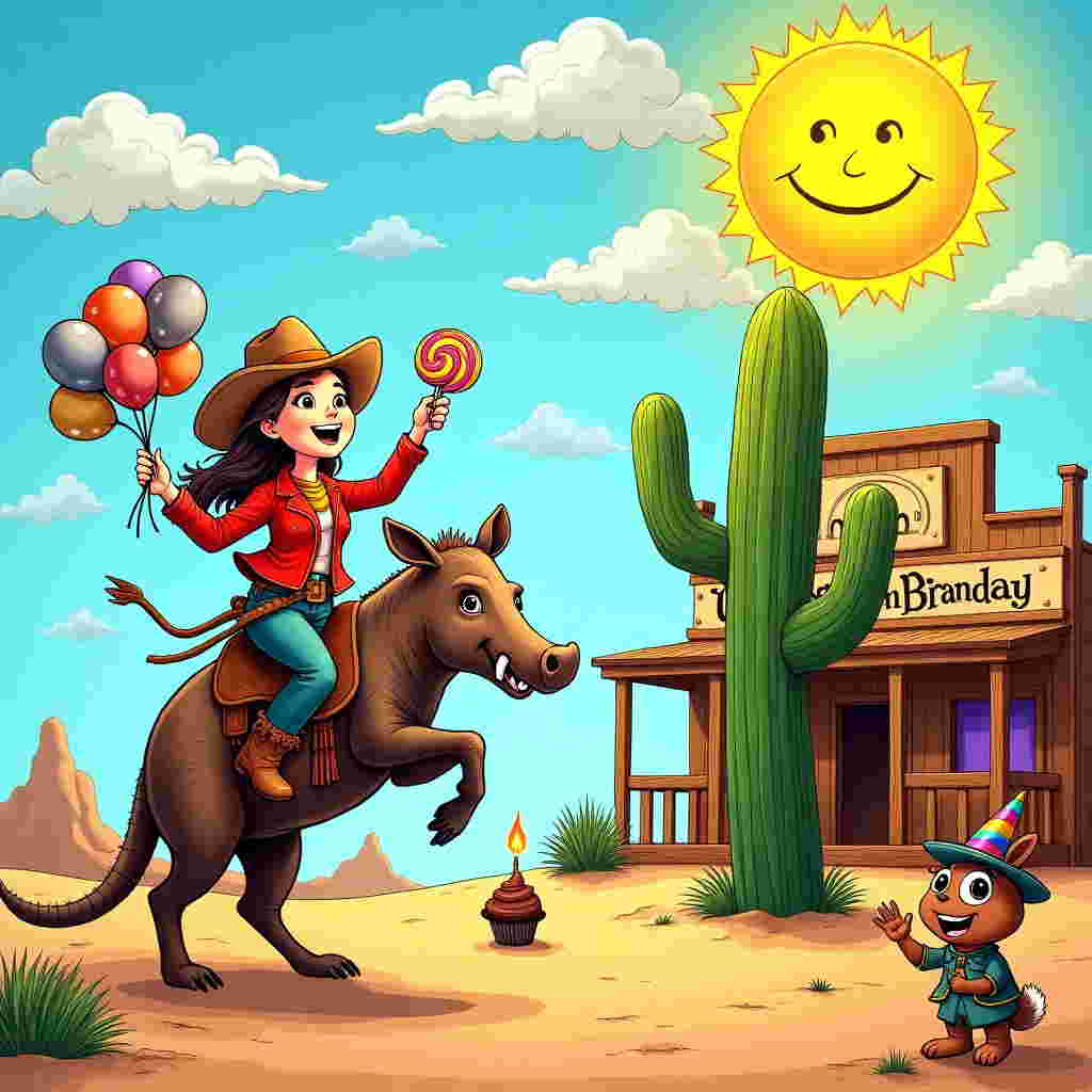 Imagine a whimsical, hand-drawn birthday scene set in a vibrant desert landscape under a bright blue sky adorned with fluffy, cartoon-like clouds. 

In the foreground, a jubilant cowgirl rides a bucking, wide-eyed armadillo. She sports a vibrant red, tasseled jacket, and her cowboy hat is humorously oversized, flapping comically in the wind. Her boots are emerald green with intricate patterns, and her bandana is a lively orange with little white stars. Her expression is one of gleeful surprise as she holds on tightly with one hand, while the other hand waves a multicolored, spiral lollipop like a rodeo queen.

To her right, a large, exaggerated cactus stands tall, comically adorned with birthday balloons in shades of gold and silver, symbolizing the 50th birthday milestone. The cactus wears a grin, and its arms are humorously extended outward as if inviting a hug.

In the background, a rustic wooden saloon with swinging doors features a banner across its roof that reads “Brandy” in bold, curly letters reminiscent of the Old West saloon signage. Below the banner, the saloon windows reflect the golden desert sun with a hint of iridescent purple.

On the ground, a mischievous jackrabbit dressed in a tiny sheriff's outfit holds a chocolate cupcake with a single candle, its flame flickering bright orange. Scattered around the scene are small, animated cacti wearing party hats and sunglasses, adding an extra dash of humor.

Above the scene, an enormous, vibrant yellow sun with an exaggerated smile beams down, casting lively shadows and completing this delightful, celebratory tableau. The colors are bright and playful, capturing the jubilant spirit of this milestone birthday with a touch of western whimsy.
Generated with these themes: Cowgirl , 50th birthday , and Funny.
Made with ❤️ by AI.