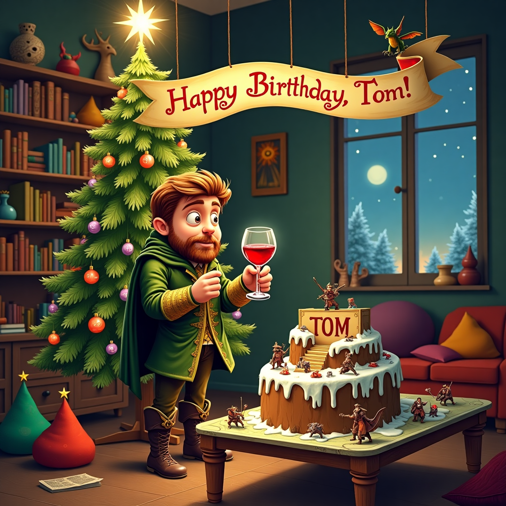 The front cover of the birthday greeting card presents a whimsical and humorous scene set in a cozy, dimly lit living room. At the forefront stands Tom, a man with short brown hair and glasses, confidently sporting a Dungeons & Dragons costume that blends fantasy with a festive flair. His costume is a vibrant patchwork of deep greens and golds, adorned with playful dragon scales and intricate elvish patterns. He's holding a glass of rich red wine, the liquid reflecting the twinkling lights from the tree behind him. 

Dominating the background is a towering Christmas tree, its branches laden with a quirky assortment of ornaments. Amongst the usual baubles and tinsel, miniature dice dangle from the branches, alongside tiny figurines of wizards and warriors. Perched mischievously atop the tree is a small dragon ornament, its wings shimmering in the light.

In a delightful twist, the tree's star is actually a glowing twenty-sided die, casting a magical light across the room. The walls of the room are lined with bookshelves, each shelf crammed with tomes of mystical lore and fantastical tales. Scattered on the floor are plush, vividly colored bean bags resembling oversized potions and spell scrolls, adding to the playful atmosphere.

Suspended from the ceiling, a banner arcs gracefully above Tom, crafted from a collection of adventurer's maps. The banner proudly declares "Happy Birthday, Tom!" in a bold, swirly script, the letters interwoven with illustrations of swords, staffs, and tiny caricatures of mythical creatures.

In the corner of the room, a large cake sits atop a table, designed to resemble a D&D dungeon map. Miniature fondant adventurers navigate their way across the cake, battling chocolate monsters and crossing licorice bridges. The icing forms a rugged landscape with "Tom" cleverly inscribed in icing across a frosty mountain range.

This scene is a playful celebration of Tom’s love for fantasy and his special day, blending the enchantment of Dungeons & Dragons with the festive charm of the holiday season.
Generated with these themes: A man with short brown hair and glasses dressed in a dungeons and dragons costume. He is standing in front of a christmas tree and is holding a glass of red wine.
Made with ❤️ by AI.