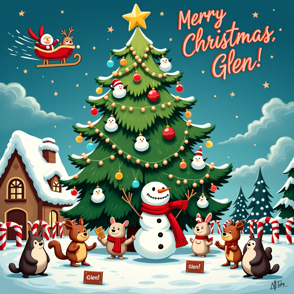 In the heart of a bustling cartoon Christmas village, there's a large, jovial Christmas tree that towers over the scene. Its branches are adorned with twinkling lights and quirky, oversized ornaments shaped like tiny snowmen, candy canes, and cheerful penguins. Each ornament wears a cartoonishly exaggerated smile. Around the tree's base, a group of animated woodland creatures are caroling with enthusiasm. There's a rabbit wearing a Santa hat, a squirrel holding a tiny sheet of music, and a family of hedgehogs, each clutching a mug of steaming cocoa.

To the left of the tree, a gingerbread house with icing snow on its roof sits nestled among candy cane fence posts. Out of one of the windows, a gingerbread man peeks out with wide, almond-shaped eyes, waving joyfully. Next to the house, a snowman has come to life, sporting a mischievous grin, with a carrot nose that's just a bit too long and a scarf that's trailing in the wind.

The sky is a canvas of swirling, cartoon clouds, where Glen's name is artfully spelled out in fluffy, playful letters that look like they're dancing among the stars. Above, Santa’s sleigh zooms past, driven by reindeer who are playfully nibbling on snowflakes. 

At the foot of the tree, a tiny sign, like something out of a Peanuts strip, reads "Merry Christmas, Glen!" in vibrant red letters, as if to remind everyone that this bustling holiday wonderland is especially in honor of Glen.
Generated with these themes: Christmas tree.
Made with ❤️ by AI.