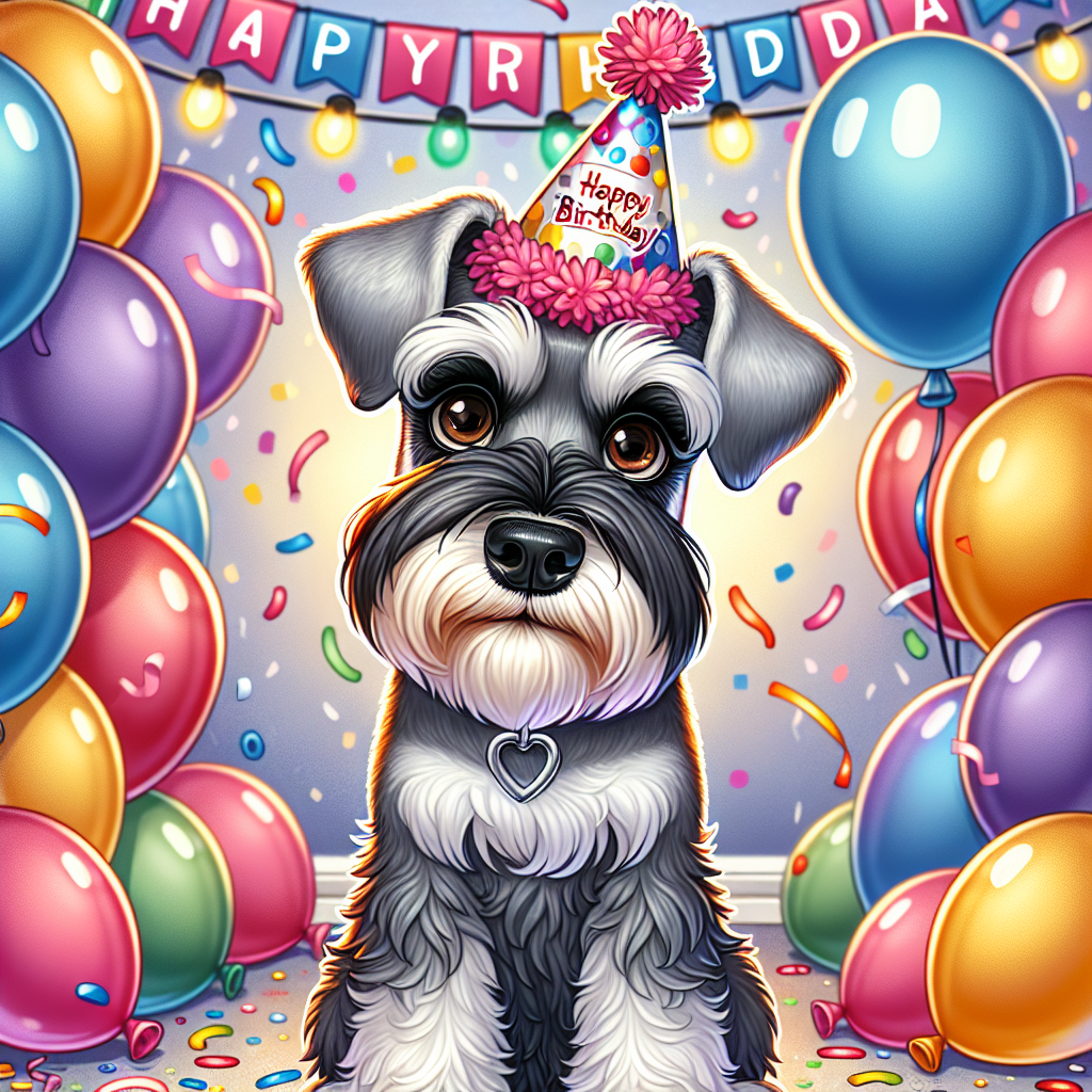 Create a captivating image of a cartoon-style celebration. The festive birthday ambiance is the heart of the celebration, showcasing an adult Schnauzer as the center of attention. The dog has a normal build and a well-groomed coat in shades of grey and white. Its soulful brown eyes sparkle with excitement. The Schnauzer is sitting amidst an array of colorful balloons, wearing a whimsical party hat on its head. Suspended above the scene is a banner bearing the message 'Happy Birthday', casting a joyful mood over the event.
.
Made with ❤️ by AI.