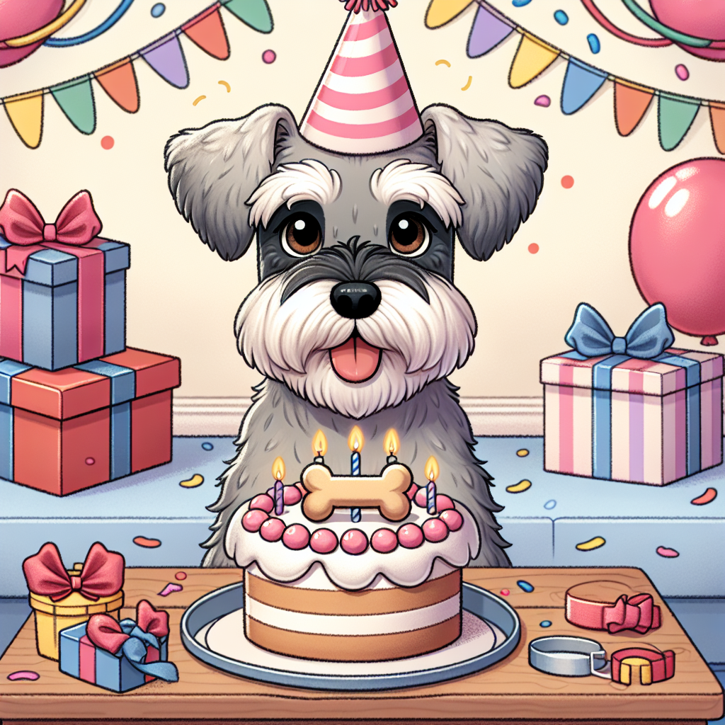 Generate a cartoon illustration of a birthday party. The scene is cozy and welcoming with an adult Schnauzer as the delighted guest of honor. This Schnauzer has a soft grey and white coat, depicted with soft, snuggly strokes, and kind, loving brown eyes. The party setup includes festive birthday hats, multiple gift boxes, and colorful streamers enhancing the backdrop of celebration. The featured Schnauzer is eagerly waiting to enjoy a slice of birthday cake, garnished uniquely with a bone-shaped treat.
.
Made with ❤️ by AI.