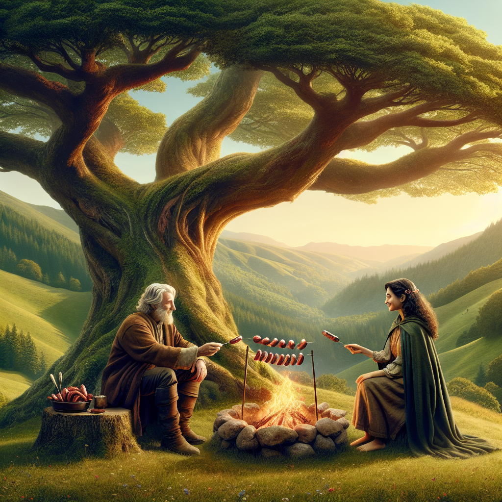 Create an enchanting image of an anniversary celebration featuring a loving, diverse couple sitting beneath an iconic, large tree surrounded by breathtakingly-green landscape, reminiscent of a well-loved, expansive pastoral setting in popular fantasy literature. They are delighting in grilling an array of sausages on a small, lively campfire, their eyes sharing a silent conversation filled with love, indicating years of collective journeys and deep affection.
Generated with these themes: Lord of the rings , and Sausages.
Made with ❤️ by AI.