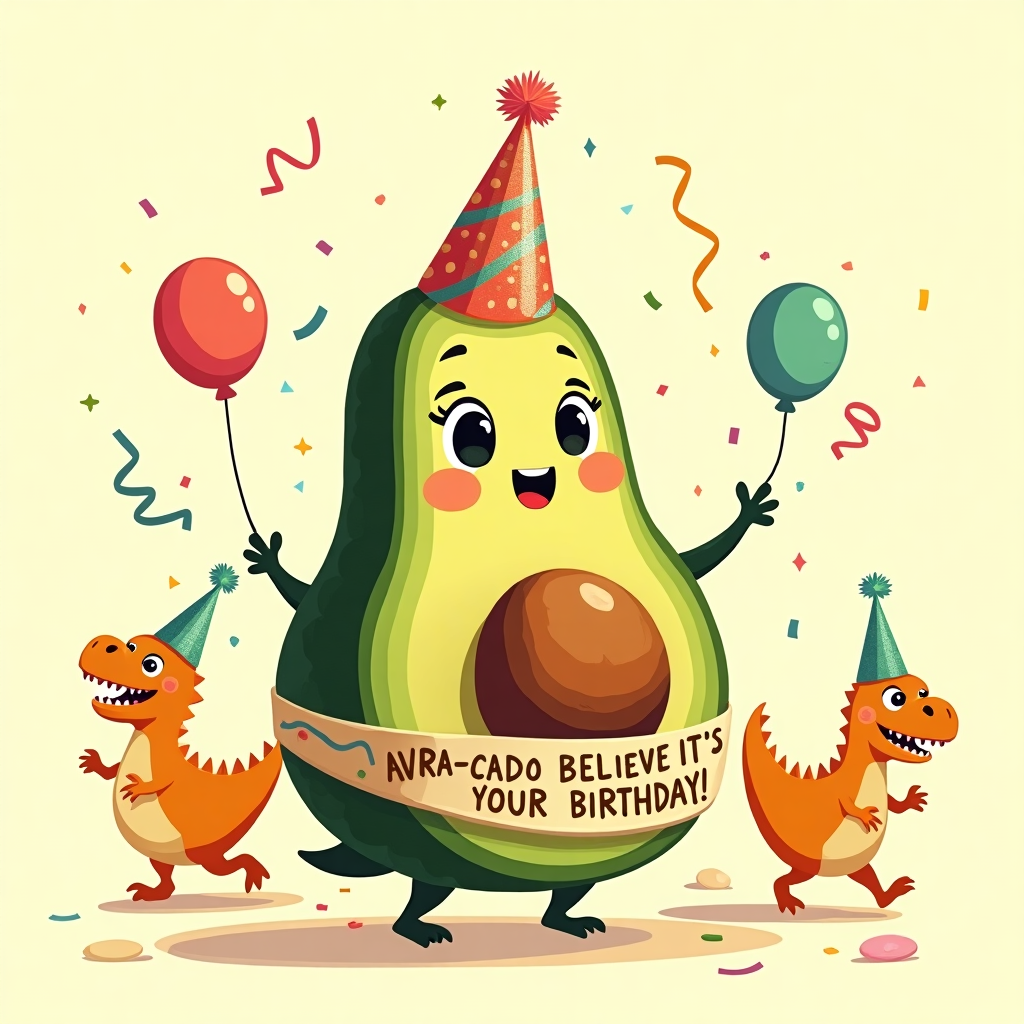 Avacado cute face with a sash that says happy birthday and dinosaur chicken nuggets in the background Birthday Card