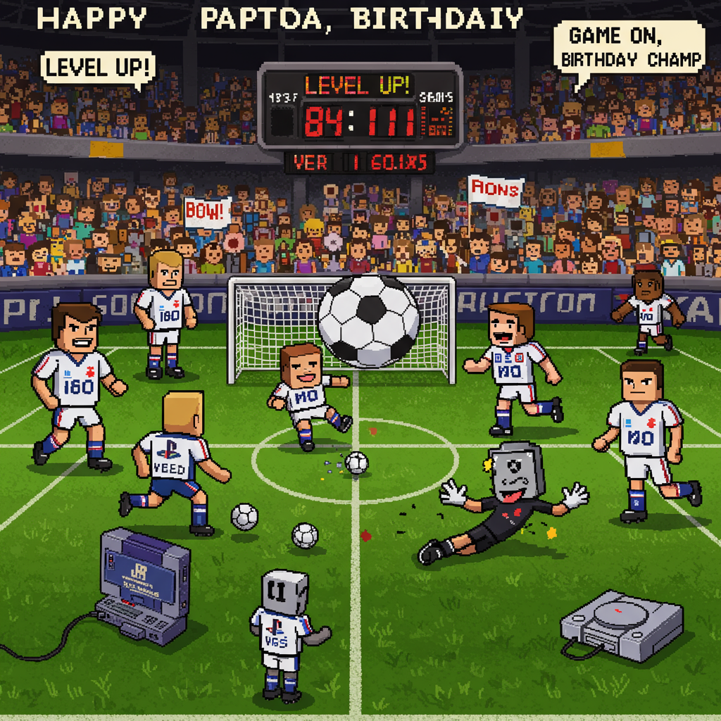 At the top of the Pixel Art Style image, include the text "Happy Birthday".

**Scene Description:**

Imagine a lively soccer match happening inside a classic pixelated Playstation game. On one side, pixelated characters wearing iconic Playstation-themed jerseys, complete with the controller's signature buttons (circle, square, triangle, X) as their team logo, are fiercely competing on a lush green soccer field.

In the center of the image, a soccer ball, designed with the Playstation buttons as its panels, is suspended in mid-air, ready to be kicked. The goalie, a character with a comically oversized Playstation controller as a head, dives dramatically in a futile attempt to block an incoming goal.

The stadium is filled with pixelated spectators, some holding mini Playstation consoles instead of flags. A vibrant scoreboard overhead humorously displays, "Level Up! Age: [current year]" as the score.

In the background, a big speech bubble appears from one of the pixelated players, exclaiming: "Game On, Birthday Champ!" 

This scene captures a nostalgic blend of soccer and classic gaming, with a playful nod to both fans of the sport and Playstation enthusiasts.
Generated with these themes: Playstation, Soccer, and .
Made with ❤️ by AI.