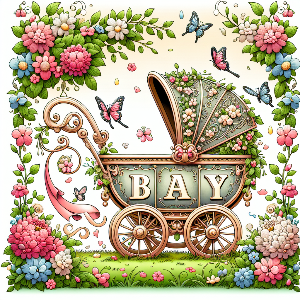 Produce an endearing image of a whimsical baby carriage situated within a flourished garden boasting of blooming flowers. The scene is animated with butterflies fluttering about. The carriage is detailed with the letters 'B', 'A', 'B', 'Y' being a part of its design, each letter creatively stands out on separate parts of the carriage. These letters are further embellished with blossoms and ribbons, celebrating the joyful event in a picturesque manner.
Generated with these themes: Baby.
Made with ❤️ by AI.