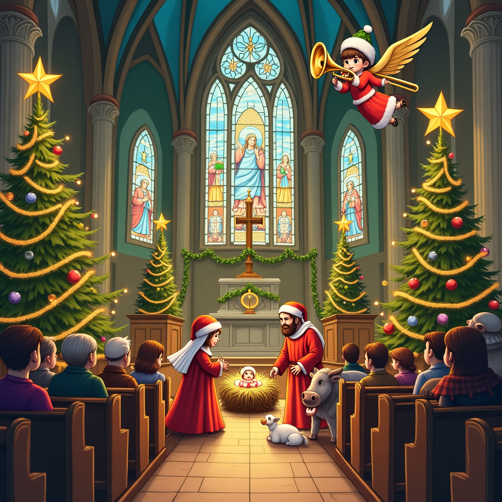 In the heart of a whimsically illustrated Catholic Church, transformed with all the trimmings of Christmas, an unexpected and humorous nativity scene takes center stage. The grand interior features towering Gothic arches adorned with twinkling fairy lights and vibrant garlands of holly and ivy that cascade down from the high ceilings. Against a backdrop of intricately stained-glass windows depicting saints and angels, the nativity scene unfolds with a comedic twist. 

The traditional manger is replaced by a cozy, hay-filled bassinet situated beneath the pulpit. Baby Jesus, wrapped in an amusingly oversized, striped Christmas stocking, giggles as he clutches a candy cane. To his left, a bemused Mary is wearing a Santa hat that’s slightly too big, its fuzzy white brim slipping over one eye. Joseph, standing to her right, sports a gaudy Christmas sweater adorned with blinking LED lights, perhaps a festive gift from one of the three Wise Men, who have arrived not with gold, frankincense, and myrrh, but with a fruitcake, a singing plush reindeer, and a DIY gingerbread house kit.

The animals in the stable also join in the Christmas spirit. A donkey has its ears poking through reindeer antlers, a sheep wears a red-nosed reindeer nose, and a cow sports a jingle bell collar. Overhead, an angel is perched rather precariously on a beam, its robe festooned with tinsel, playing a shiny golden trumpet which is comically oversized, almost tipping the angel off balance. This scene is set in front of a richly detailed altar decorated with poinsettias and flanked by towering Christmas trees draped in shimmering tinsel, baubles, and glowing star toppers. The congregation's pews are visible, filled with a patchwork quilt of characters—some gawking, others chuckling—at this unexpected festive tableau.
Generated with these themes: Interior of Catholic Church , Decorated for Christmas , and Nativity scene at the front.
Made with ❤️ by AI.