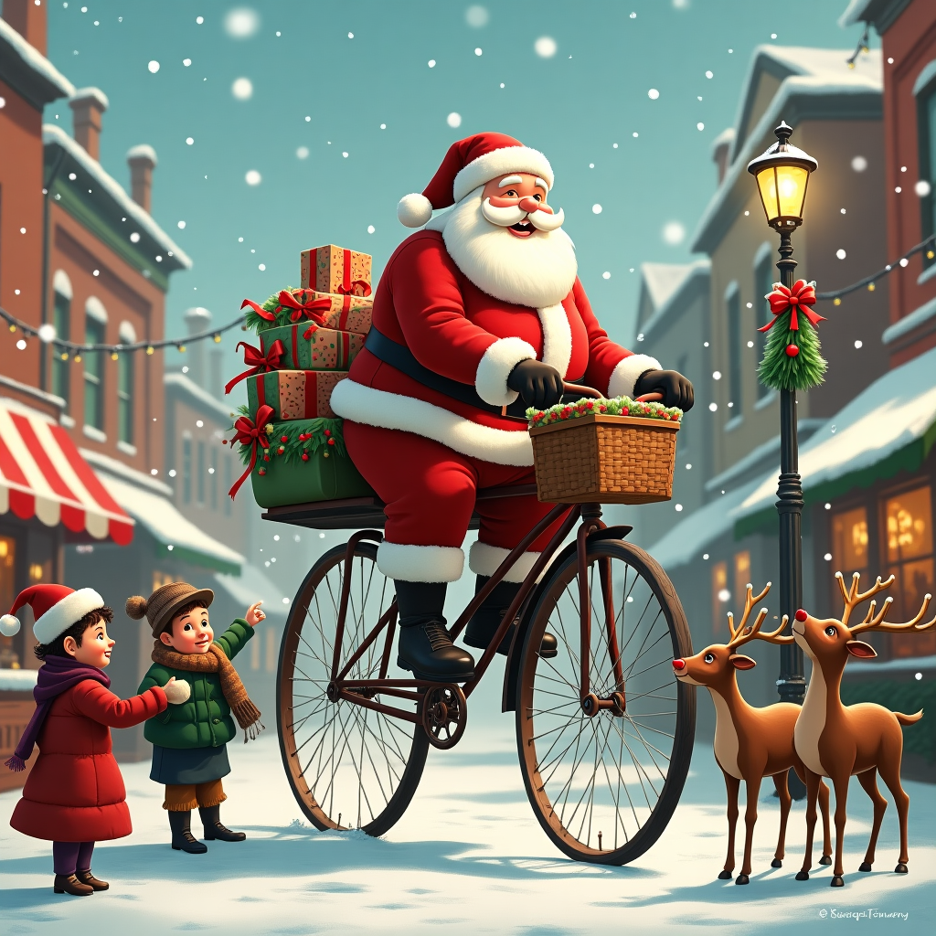 In a whimsical, bustling Christmas scene set in a quaint vintage town square, a delightful tableau unfolds. The centerpiece is a jolly Santa Claus who has traded in his traditional sleigh for a charmingly restored, vintage penny-farthing bicycle, complete with red and green holiday tassels fluttering from the handlebars. Santa, with his unmistakable rotund belly and rosy cheeks, is precariously balanced on the high wheel, his white beard flowing like a snow-capped waterfall. The bicycle's basket overflows with gifts wrapped in colorful, retro-patterned paper and bright ribbons.

Surrounding Santa, animated townsfolk clad in 1950s-style winter clothing gaze up in surprise and amusement, some pointing and chuckling. A curious child, bundled in a wooly scarf and mittens, tugs at their parent's coat, eyes wide with wonder. Nearby, a street vendor offers hot cocoa from a whimsically decorated cart, its striped awning dusted with freshly fallen snow.

In the background, an old-timey lamppost twinkles with strings of festive lights and mistletoe. A pair of reindeer, standing off to the side with puzzled expressions, watch Santa's unconventional ride, their harnesses jingling with bells. Above, the sky is a flurry of snowflakes, each one delicately unique, creating a backdrop that feels as timeless as the classic holiday tunes floating through the crisp air. This bustling, enchanting scene captures the essence of holiday cheer, with a nod to the nostalgia of yesteryear and a playful twist on tradition.
Generated with these themes: Vintage bike.
Made with ❤️ by AI.