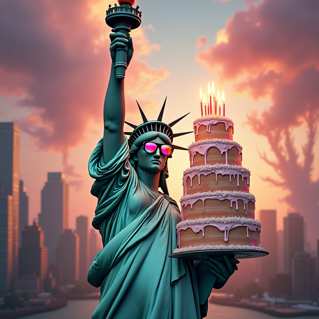 **Prompt for Image Creation:**

Create an otherworldly, surreal image featuring a close-up of the Statue of Liberty wearing funky, oversized sunglasses with kaleidoscope lenses. Instead of holding a torch, she is proudly gripping a towering, 3-tier birthday cake. The cake is whimsically adorned with melting candles and is slightly leaning, defying gravity in a dreamlike manner. 

The backdrop is a warped cityscape, with bending skyscrapers and a swirling sky, blending shades of pink and orange reminiscent of a melting sunset. The scene is illuminated by an ethereal light, casting peculiar shadows.

In the corner, add a cheeky caption in bold, playful font: "Liberty to Celebrate... and Cake, Too! 🎂".
Generated with these themes: Close up of the statue of liberty wearing sunglasses and holding a 3-tier birthday cake instead of a torch, and .
Made with ❤️ by AI.