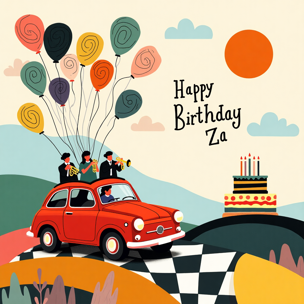 Front Cover Description:

In the center of the scene, a vintage Fiat car is perched on a pastel, abstract hill that is painted in the style of a Mondrian composition—crisp, rectangular shapes in bold primary colors (red, blue, and yellow) intermingle with white and black lines. The car itself is a vibrant red, its curvy shape outlined in thick, playful strokes reminiscent of Joan Miró’s whimsical style.

Emerging from the car’s sunroof is a jubilant marching band, their instruments rendered as spirals and zig-zags, each musician's form abstractly twisted into geometric shapes. The trumpets and tubas are depicted with swirling lines similar to Kandinsky's dynamic curves, in a palette of greens, purples, and oranges.

Above the Fiat, balloons float skyward, crafted in the minimalistic, grid-like style of Agnes Martin, their surfaces etched with delicate crosshatches in pastel pinks, blues, and yellows. The balloons' strings twist and curl, mingling with Cy Twombly-esque scribbles that create a sense of airy chaos against a pale, watercolor wash sky of blues and whites.

To the right, a birthday cake sits atop a checkerboard plane, its layers stacked unevenly like De Kooning’s abstracted forms. The cake is striped with Rothko-style color fields—lush blues and greens stacked in gradients. Perched atop the cake are candles shaped like Malevich's iconic black squares, their flames small, playful splashes of Pollock-style drips in gold.

Finally, arcing over the entire scene, a banner flows like a vibrant, sweeping brushstroke in the manner of Richter’s blurred textures, emblazoned with the text "Happy Birthday Za" in dynamic, colorful script that echoes the entire palette of the card, seamlessly integrating with the abstract tapestry of shapes and colors.

Background elements consist of overlapping geometric forms and soft-edged rectangles in warm tones of ochre and burnt sienna, interspersed with pale patches to lend depth, inspired by the layered complexities of Agnes Martin’s subtle compositions.
Generated with these themes: Fiat Car, Marching Band, Birthday Cake, Balloons, , , and .
Made with ❤️ by AI.