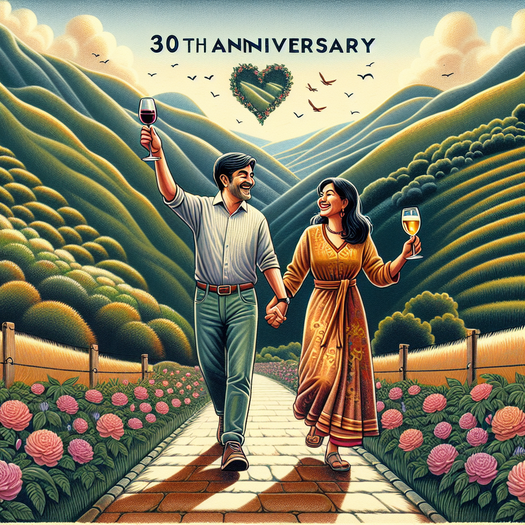 A touching illustration, depicting the 30th anniversary of a cheerful South Asian man and a Hispanic woman, each holding hands as they tread on a scenic pathway. The backdrop consists of mesmerizing rolling hills, painting a picturesque setting. The man is raising a glass of fine wine while the woman raises a glass of beer, hinting at their distinct tastes but shared journey in life. The artwork radiates a sense of warmth and camaraderie, a beautiful tribute to their joyous thirty-year journey together.
Generated with these themes: Wine, Beer, Walking , and 30th.
Made with ❤️ by AI.