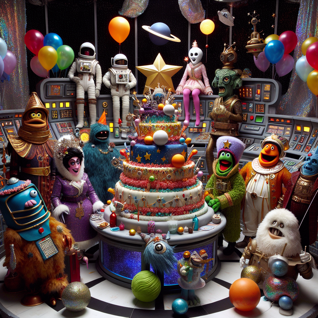 In a fantasy filled outer space setting, loosely resembling the control room of a fictional interstellar vessel, an assortment of jolly animated characters congregate. These characters are seen adorned in charming, non-specific space exploration attire, participating in festive celebrations. At the heart of the scene sits a vibrantly decorated cake, mimicking the majesty of the cosmos, with the inclusion of edible replicas of planets and a star designed cake topper. Balloons and streamers, encapsulating the grandeur of the universe, embellish the walls. This is all set against a background of shimmering, caricatured stars, adding to the overall merriment.
Generated with these themes: space cosmos star trek.
Made with ❤️ by AI.