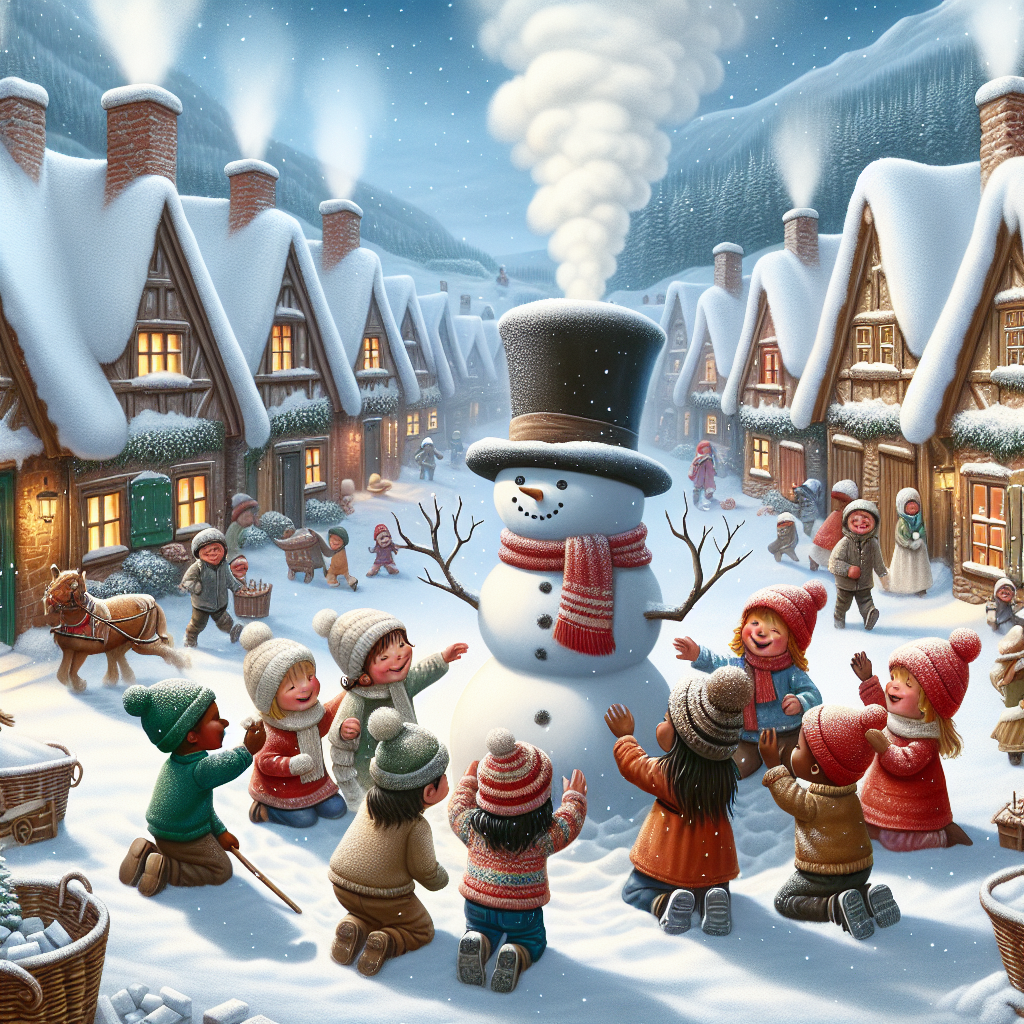 A whimsical wintertime village serves as the setting for this cartoon Christmas spectacle. Quaint cottages with smoke curling from their chimneys sit under a blanket of fresh snow. Children are seen building a snowman, festooned with a top hat and a bright red nose, as soft snowflakes gently fall to the rhythm of distant sleigh bells.
.
Made with ❤️ by AI.