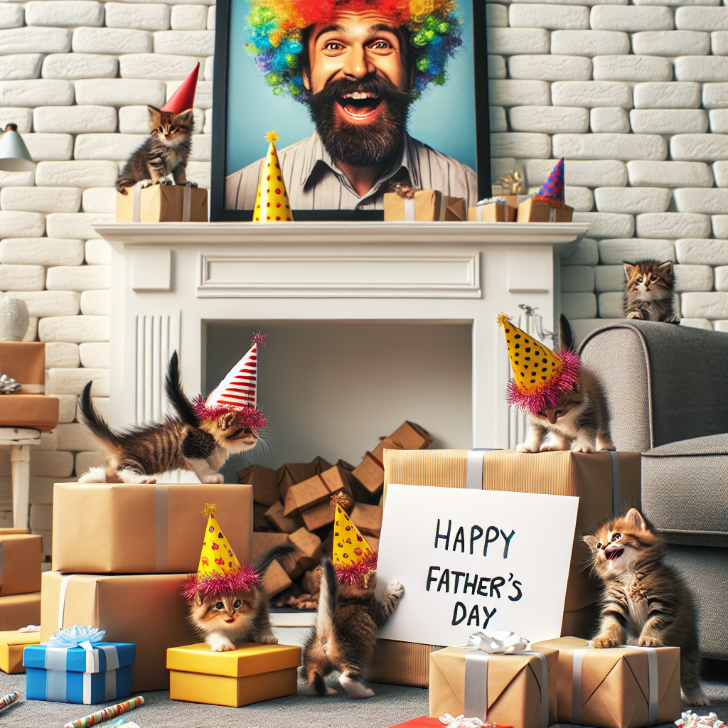 Picture a comfortable living room abuzz with happiness. Vibrantly hued party hats are perched atop the heads of lively kittens frolicking everywhere. They are curious and playful, each attempting to ascend a jumbled heap of gift boxes arranged by the fireplace. Among the presents, a conspicuously large card can be seen with 'Happy Father's Day' written in a child's handwriting. This is leaning against a framed photo of a jubilant, bearded man with a boisterous laugh, giving the impression that he is keeping a joyous watch over the entire playful scene.
Generated with these themes: brian blessed, kittens in party hats.
Made with ❤️ by AI.