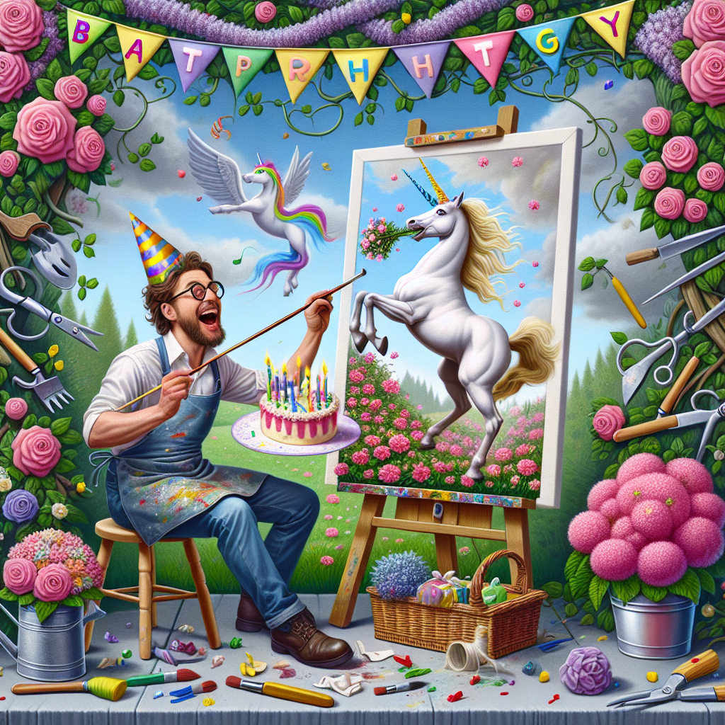 Generate an image illustrating a fanciful garden party in motion, dedicated to the celebration of a birthday. At the heart of the action, an enthusiastic Caucasian male artist is absorbed in portraying a lively unicorn joyfully prancing amidst blossoming flowers on his canvas. Birthday decorations festoon the border of the picture, with garden tools and plant life cleverly incorporated, showcasing elements of a gardener's touch. This scene is made even more magical by the unicorn wearing a party hat, adding a whimsical mood to the overall scene.
Generated with these themes: Artist, Gardner, and Unicorn.
Made with ❤️ by AI.