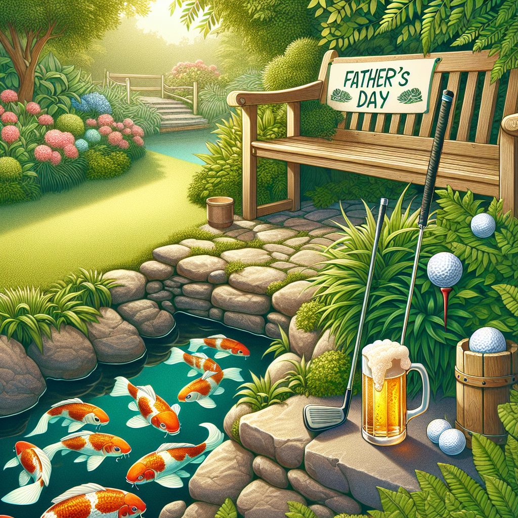 Create an illustration featuring a quaint corner of a lush garden, designed as a tribute for Father's Day. The scene includes a stone path leading to a small, tranquil pond full of vibrant koi fish whose movements subtly disturb the water's surface. Close to the path, a lonely golf club leans against a bench, a golf ball and tee meticulously arranged beside it. Sitting on the bench is a cold beer in a mug, foam effervescing at the top, positioned next to a banner reading 'Father's Day' draped over the backrest, while soft afternoon light filters through the foliage above.
Generated with these themes: Farthers day, Golf, Koi, and Beer.
Made with ❤️ by AI.