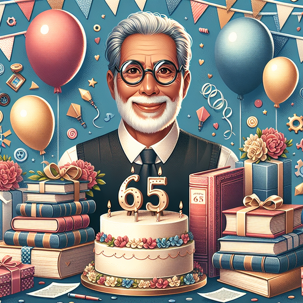 Create a delightful image showcasing a diverse birthday celebration. A distinguished book-loving individual of South Asian descent, who is celebrating their 65th birthday, could be the central figure. They might be surrounded by a collection of classic literature while donning a pair of round eyeglasses and a warm smile. Decorative elements could include festive balloons, a thoughtful book-shaped cake with '65' written boldly on its cover, birthday streamers, and gifts of books tied with ribbons to signify accumulated wisdom and affections over the years.
Generated with these themes: Bookworm, Older, and 65.
Made with ❤️ by AI.
