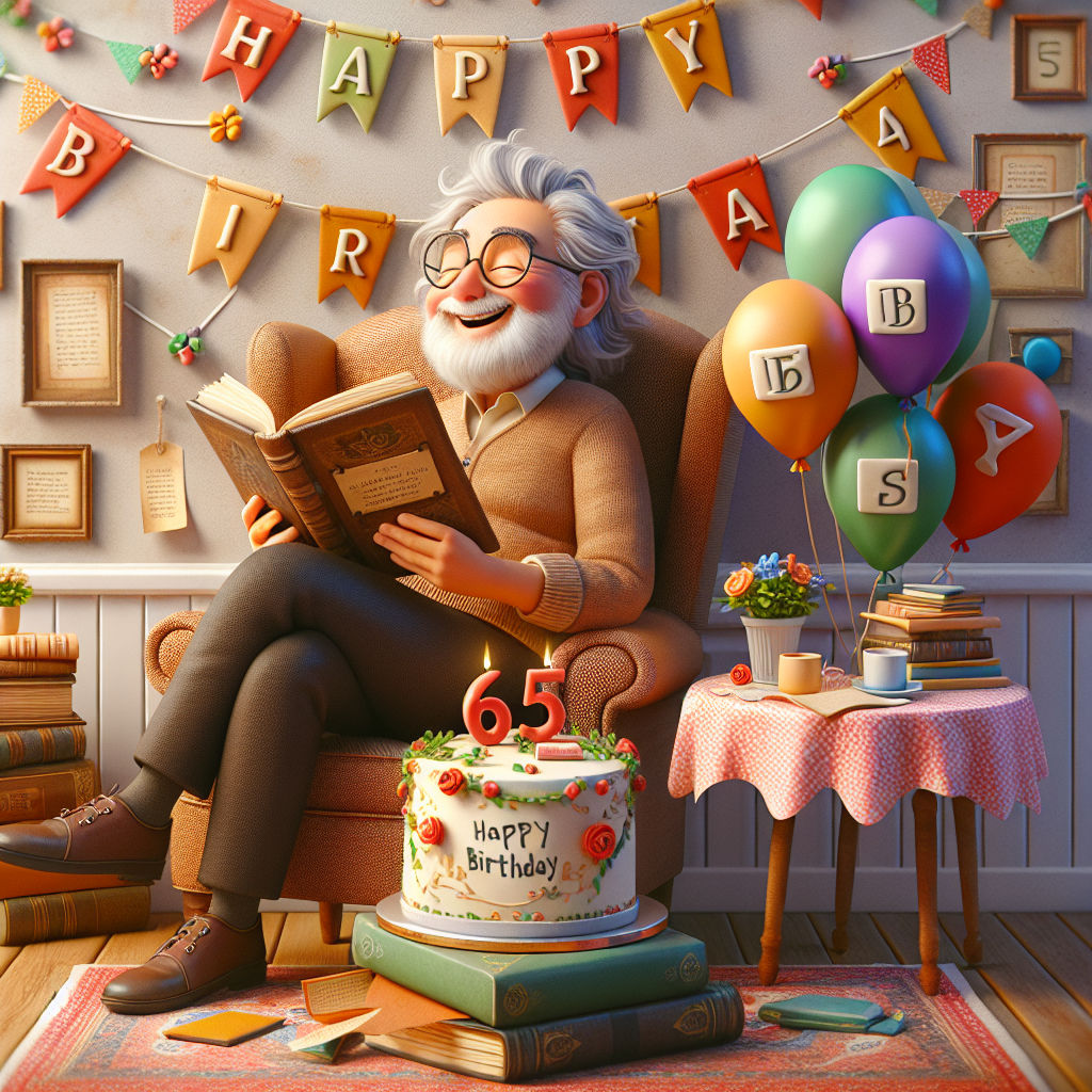 Create a charming picture of a 65-year-old book lover of Caucasian descent joyfully engrossed in a book. They are sitting blissfully in a vintage armchair nestled in a room filled with birthday decorations. The decorations consist of vibrant bunting and a string of balloons each shaped like a letter, together spelling out 'Happy Birthday'. Next to them, a petite table is holding a cake adorned with a theme related to literature. The cake features a fondant bookmark and the number '65' embellishment on it. The environment radiates warmth, representing the delight of celebrating one's birthday surrounded by the precious company of books.
Generated with these themes: Bookworm, Older, and 65.
Made with ❤️ by AI.