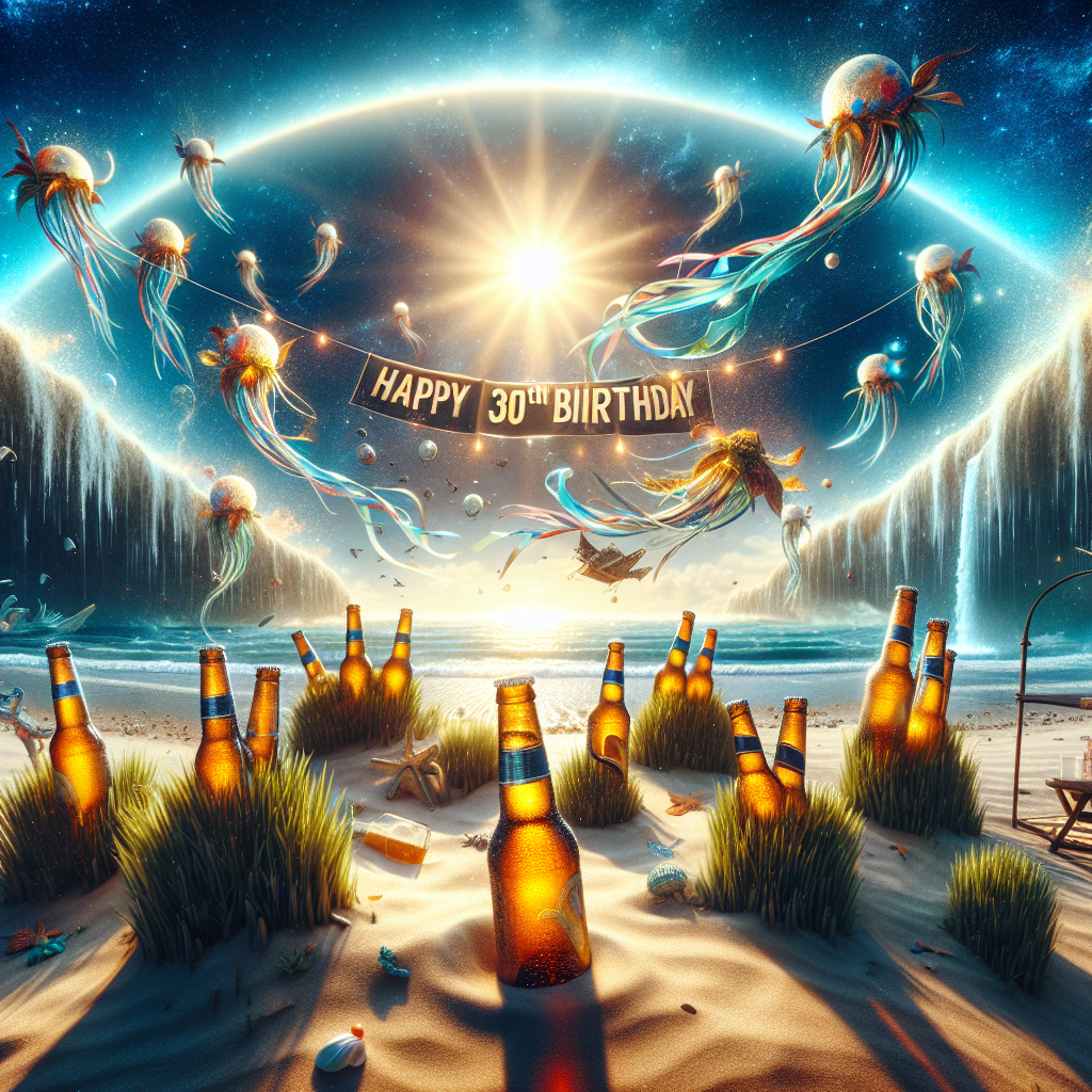 Create a surreal image that depicts the essence of a 30th birthday in an otherworldly seaside setting. In this scene, glistening rays of sunshine bathe a beach where beers rise from the sand like exotic flora, symbolizing a festive milestone. The ocean's horizon bends upwards, defying the laws of physics, while a 'Happy 30th Birthday' banner floats gently above, tethered to whimsical sea creatures that soar through the sky like kites. The entire scene is steeped in a celebratory spirit and is illuminated by the vibrant, eternal glow of summer.
Generated with these themes: Happy 30th Birthday, Beers, seaside, sunshine.
Made with ❤️ by AI.