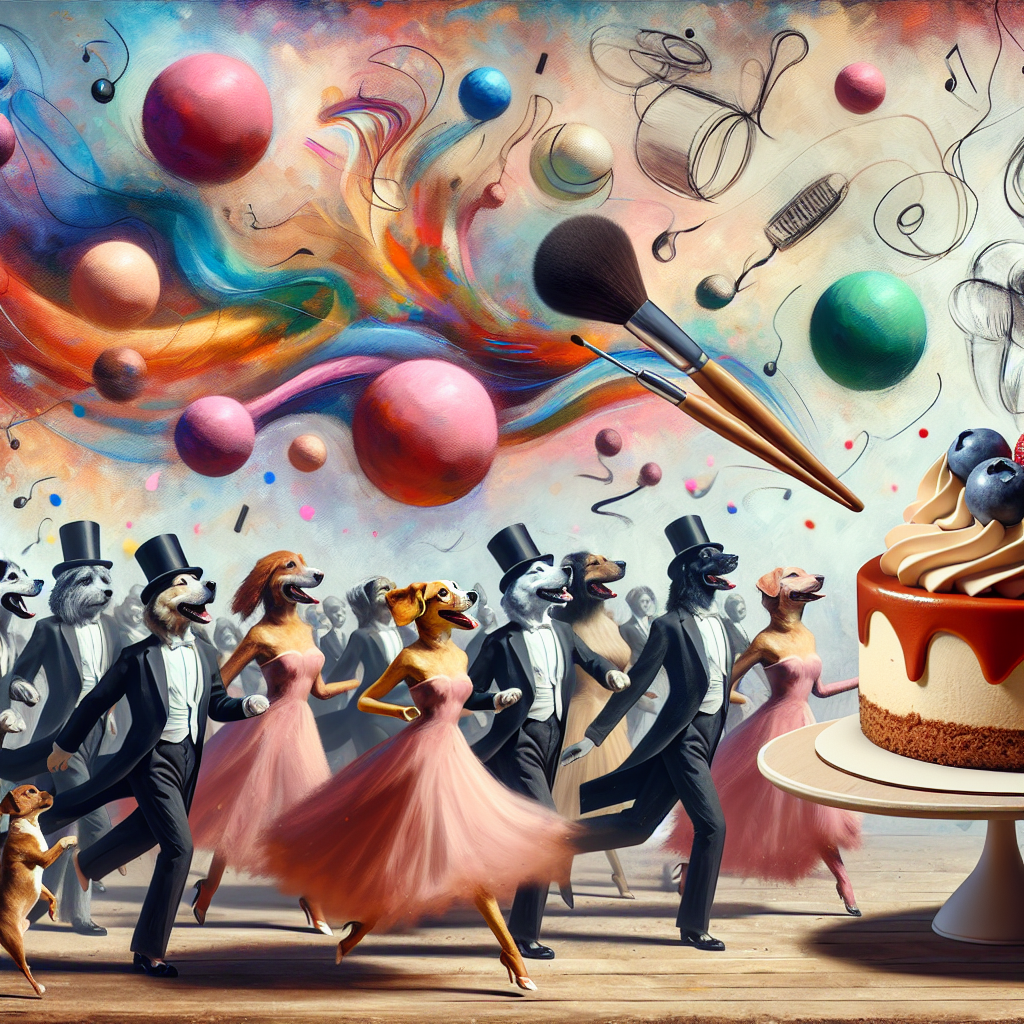The scene captures a charming blend of celebration and abstract art. It features a canvas with joyful, abstract shapes as the backdrop. A group of dogs, of different breeds and sizes, parades in a sophisticated ballroom dance. Their movements are rendered in lively, exaggerated strokes, showcasing the dynamism of the scene. Floating above the canine group are ethereal sketches of various makeup items, such as powder puffs, mascara wands, and blush brushes, giving the scene a touch of grace. Central to the scene is an imagination-inspired cheesecake, depicted with a playful disregard for realism. Its rich, velvety base and fruity topping seem to invite the festive group to indulge in a celebration of both art and dessert.
Generated with these themes: Dogs, make up, ballroom dancing, cheesecake.
Made with ❤️ by AI.