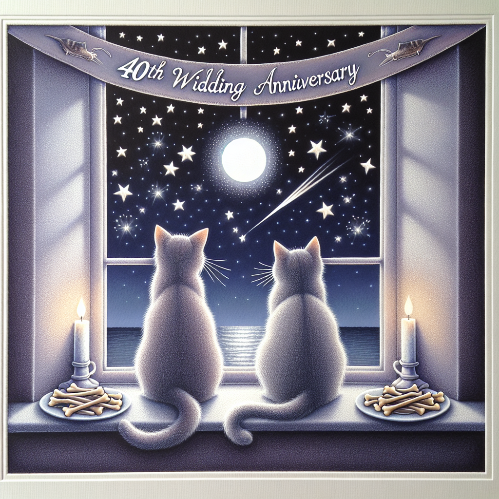Depict a charming scene featuring two cats, characterized as a mother and father, seated on a windowsill gazing at a breathtaking night sky filled with shimmering stars. Their silhouettes intertwine, creating the form of a heart, as soft shades of moonlight paint the scene. Above them, a banner flutters gently, bearing the inscription '40th Wedding Anniversary'. Situated below the pair on the window ledge, two small plates are laden with fishbone treats, a symbol of the milestone celebration and a testament to the couple's shared interests.
Generated with these themes: 40th wedding anniversary , Mum and dad, and Cats.
Made with ❤️ by AI.