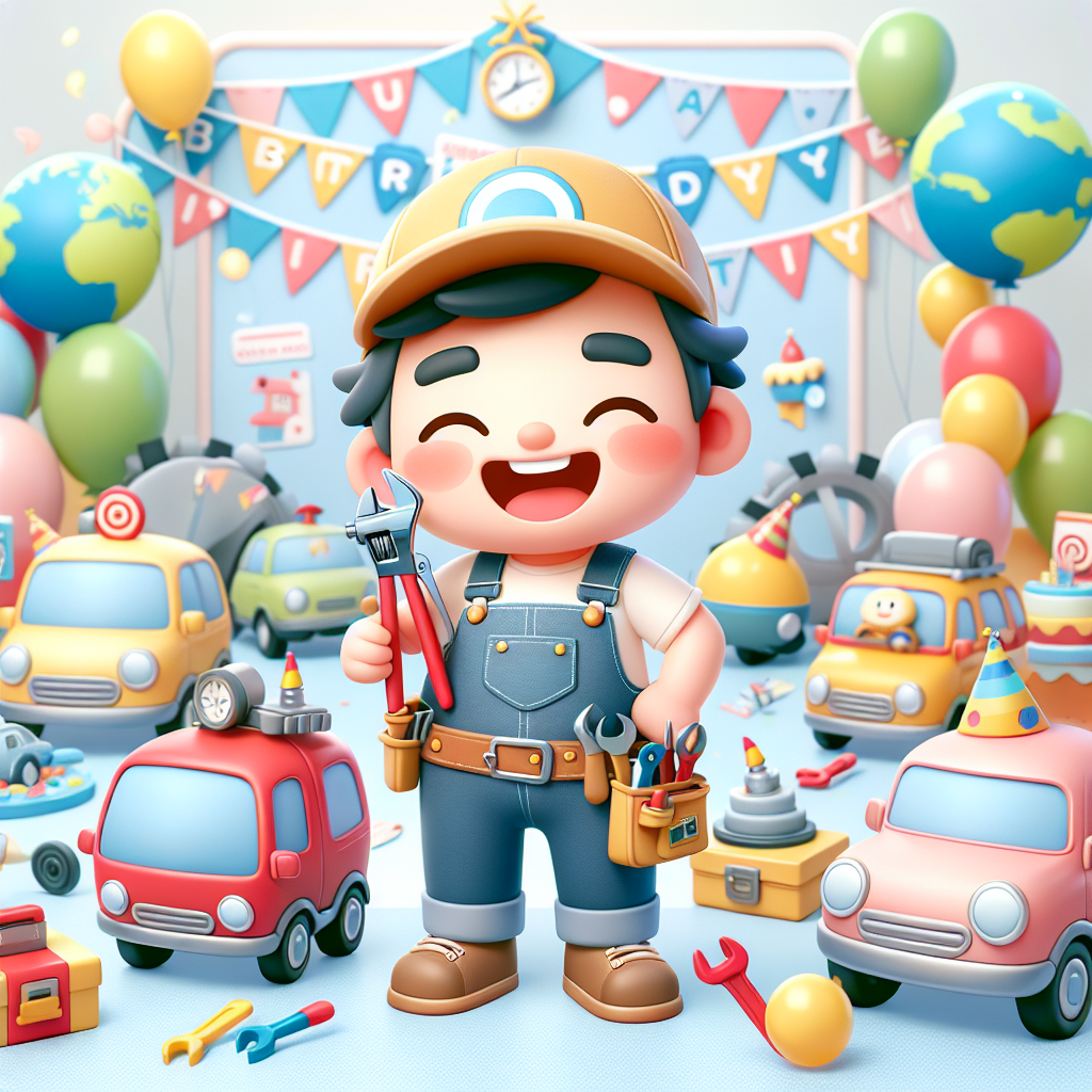Depict a playful and lively cartoon environment that illustrates a festive atmosphere. Focus on an adorable handyman character, pictured as an East Asian male in overalls, beaming with cartoonish tools at hand, ready to make playful repairs at a birthday event. Around him are joyful, lively cars with expressions of anticipation, suggesting they are preparing for a parade. Decorations pertaining to travel, such as invites shaped like passports and globes formed from balloons, are scattered around, creating the impression of a birthday party themed around a voyage.
Generated with these themes: Handy man, Cars, and Travelling.
Made with ❤️ by AI.