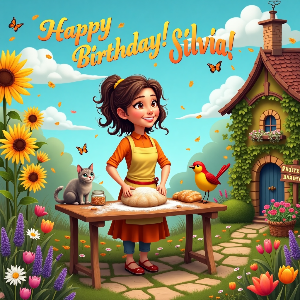In a whimsical birthday scene set in a vibrant, enchanted flower garden, Silvia is the star, joyfully cooking artisan bread. The garden bursts with color, as if lifted from a storybook, with towering sunflowers, delicate daisies, and vivid tulips creating a natural amphitheater. Silvia stands at a charming rustic table, her apron dusted with flour, as she kneads dough with gusto. Her expression is one of concentrated delight. Scattered around the table are a variety of unique ingredients—heirloom grains, sprigs of rosemary, and tiny jars of exotic seeds, suggesting her bread is truly a work of art. 

Above her, the sky is a bright, cheerful blue, with fluffy clouds spelling out "Happy Birthday Silvia!" in a playful, swirling script. A friendly, plump robin perches on the edge of the table, peering curiously at Silvia’s work, while a curious tabby cat weaves around her feet, eyeing the bread with interest. Nearby, a quaint signpost reads "Silvia's Bakery," adorned with tiny wildflowers and butterflies fluttering about. 

In the background, a quaint cobblestone path meanders through the garden, leading to a charming ivy-covered cottage. A vintage bicycle, adorned with a basket full of freshly picked lavender, leans casually against the cottage wall. The overall scene captures a sense of delightful busyness and natural harmony, with Silvia at the heart of her colorful, bountiful world, making her birthday a magical celebration.
Generated with these themes: Silvia cooking artisan bread in the flower garden.
Made with ❤️ by AI.