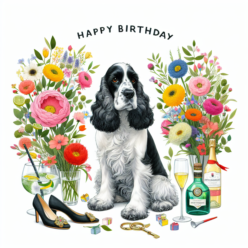 Create a charming birthday illustration featuring a scene where a black and white Cocker Spaniel is portrayed sitting in the center. Surround the dog with an array of gaily colored flowers to enhance the gleeful ambiance. Next to the dog, render a fashionable pair of shoes to add a touch of elegance to the scene. In one corner of the picture, place a glass of gin and tonic along with a bottle of champagne and multiple glasses, symbolising a celebratory mood. This composition must encapsulate the spirit of a joyous birthday celebration.
Generated with these themes: Gin and tonic , Shoes , Black and white cocker spaniel, Champagne , and Flowers.
Made with ❤️ by AI.
