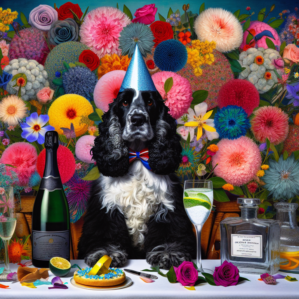 Generate an image of a festive, birthday-themed scene. Central to the composition is a black and white cocker spaniel with a party hat on its head, seated proudly amongst a colourful array of flowers. The background includes elements symbolic of celebration such as a bottle of bubbling champagne and a pair of elegant shoes. In the foreground, a sophisticated gin and tonic adds a layer of refinement.
Generated with these themes: Gin and tonic , Shoes , Black and white cocker spaniel, Champagne , and Flowers.
Made with ❤️ by AI.