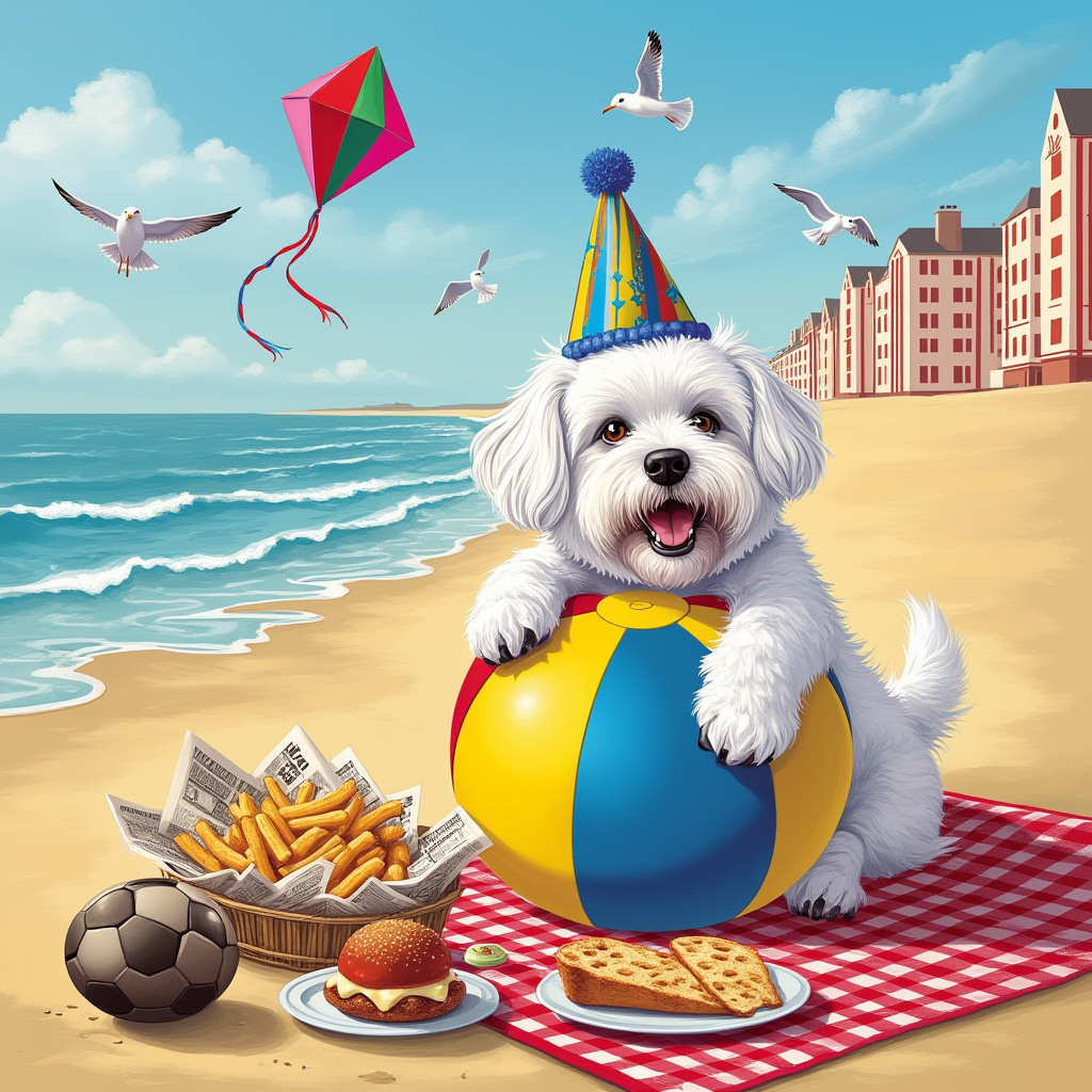 The front cover of this birthday greeting card captures a vibrant and whimsical scene at Hunstanton's sunny beachfront. In the foreground, a delightful, fluffy white Maltese dog with a little birthday hat, adorned with a single blue pom-pom, is gleefully balancing a colorful, oversized beach ball. The beach ball is patterned with alternating stripes of bright yellow and royal blue, subtly mimicking a football design. Nearby, a small picnic spread is laid out on a red-and-white checkered blanket. The picnic features a delicious assortment of food, with a focus on traditional seaside fare: there are crispy fish and chips wrapped in newspaper cones, a plate of sticky caramel toffee apples, and a tall stack of buttery scones with a side of clotted cream and jam. In the background, Hunstanton's iconic red and white striped cliffs loom majestically, providing a unique and recognizable backdrop. A couple of seagulls hover above, eyeing the food curiously. A gentle wave laps at the sandy shore, where a football is partly buried in the sand, its black and white hexagonal pattern visible. In the sky, there's a vibrant, multicolored kite soaring high, with a tail that whimsically mimics the shape of a dog’s wagging tail. The scene is bustling with detail, creating a delightful storybook image that invites the viewer to dive into the festive birthday celebration by the sea.
Generated with these themes: White little dog, Food, Hunstanton , and Football .
Made with ❤️ by AI.