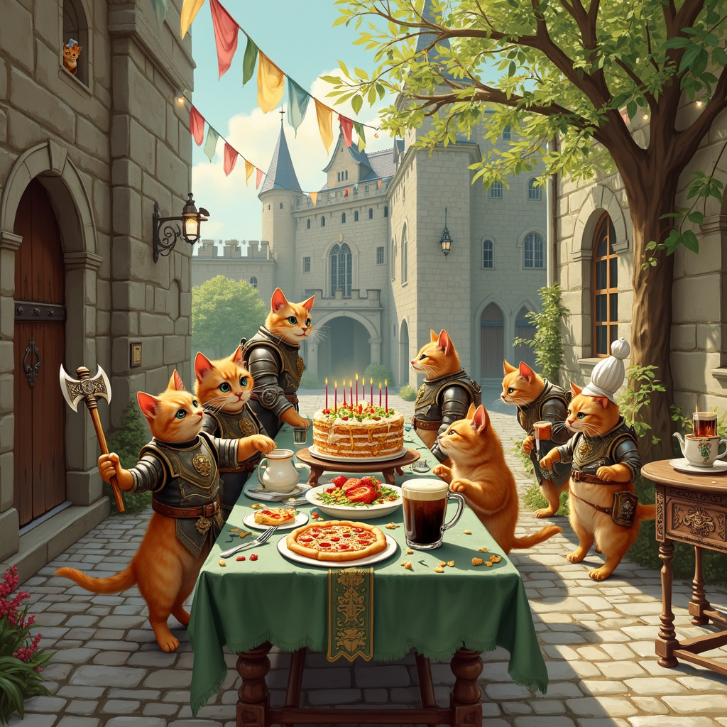Picture a whimsical birthday celebration taking place in an enchanting, cobblestone courtyard. A large, medieval Warhammer fortress serves as the backdrop, with banners fluttering in the wind. In the foreground, a long banquet table, richly detailed like those in Norman Rockwell's paintings, stretches across the scene, laden with a lavish spread.

On the table, there are various food items, meticulously illustrated: a steaming, aromatic bowl of ramen with chopsticks sticking out, a pizza with gooey cheese and vibrant toppings, a towering, multi-layered birthday cake adorned with intricate icing and colorful candles, and a giant mug of frothy Guinness, larger-than-life and filled to the brim.

Ginger cats, illustrated in the playful and lively style of Beatrix Potter’s animals, are the stars of the scene. One cat, wearing a tiny suit of Warhammer armor, is valiantly attempting to lift a miniature battle axe. Another cat, with a mischievous glint in its eye, is perched on the edge of the table, ready to pounce on a slice of pizza. A third ginger cat, this one wearing a chef’s hat, is stirring the ramen with great concentration.

Around the table, Warhammer figurines, styled with the intricate detail of Gustave Doré's work, come to life. They’re clinking tiny tankards of Guinness with the cats, creating a playful sense of camaraderie. The fortress in the background has minuscule windows where you can see silhouettes of more ginger cats, peering out with curiosity.

In the corner of the courtyard, under the dappled shade of an ancient tree, there’s a small round table with an elaborate tea set, reminiscent of Aubrey Beardsley’s detailed line work. The tea set includes a porcelain teapot with an elaborate Warhammer design and tiny cups filled with Guinness instead of tea.

Hanging fairy lights, inspired by the delicate glow in Maxfield Parrish’s works, twinkle above, casting a magical light over the entire scene. Balloons and streamers in festive colors, in the energetic and lively style of Quentin Blake, add an extra layer of celebration, while the sky above, rich and deep like an N.C. Wyeth painting, frames the entire joyous tableau. 

Every element in this scene tells a part of the story, combining the whimsical and the fantastical in a detailed and captivating illustration.
Generated with these themes: Ginger cats , Warhammer, Guiness, Pizza, Ramen, and Cake.
Made with ❤️ by AI.
