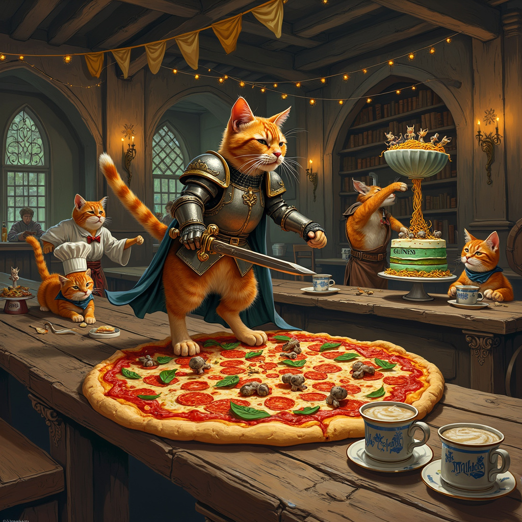 Picture a bustling medieval tavern, reminiscent of Norman Rockwell's rich detail and storytelling but infused with a whimsical touch that echoes Maurice Sendak's playful chaos. The room is filled with long, wooden tables and benches, each carved with intricate designs that hint at Aubrey Beardsley's elaborate patterns.

At the center of the scene, a ginger cat, adorned in Warhammer armor complete with a tiny helmet and a sword, stands triumphantly on a large pizza that spans the width of the table. This pizza is topped with vibrant ingredients: pepperoni, mushrooms, and bright green basil leaves. The cat's tail swishes mischievously as it guards a stack of comic books.

Surrounding the armored feline, other ginger cats are engaged in a lively party. One cat, dressed as a Warhammer mage with a flowing cape and a staff, is playfully casting a spell that levitates a bowl of ramen above a sleeping cat’s head, noodle strands dangling temptingly. The ramen bowl is ornate, with delicate blue patterns inspired by Arthur Rackham’s fine lines.

On another table nearby, a ginger cat in a miniature chef’s hat and apron serves slices of a multi-layered birthday cake. The cake is a confectionary wonder, each layer a different color of the rainbow and decorated with frosted miniature Warhammer figures. This cake-peddling cat has a joyful expression, echoing the spirited characters of Beatrix Potter.

In the corner, an old Guinness barrel, weathered and emblazoned with classic typography, has been converted into a makeshift bar. A ginger cat bartender, complete with a bowtie, serves frothy pints of Guinness in oversized mugs, each bubbling over with foam. The cats eagerly line up, their whiskers twitching in anticipation.

Above this whimsical gathering, the ceiling beams are strung with festive banners and tiny fairy lights, casting a warm, golden glow across the scene. This lighting, inspired by Maxfield Parrish, adds a magical touch, making the entire tableau feel both cozy and enchanting. In the background, Edward Gorey’s influence is seen in the intricate wallpaper, filled with detailed, almost haunting illustrations of mice and cheese.

Every element in the scene, from the Warhammer-themed decorations to the delicious array of food and drink, comes together to create a lively birthday celebration that’s both unique and endearingly chaotic, a true testament to the quirky, creative genius behind the design.
Generated with these themes: Ginger cats , Warhammer, Guiness, Pizza, Ramen, and Cake.
Made with ❤️ by AI.