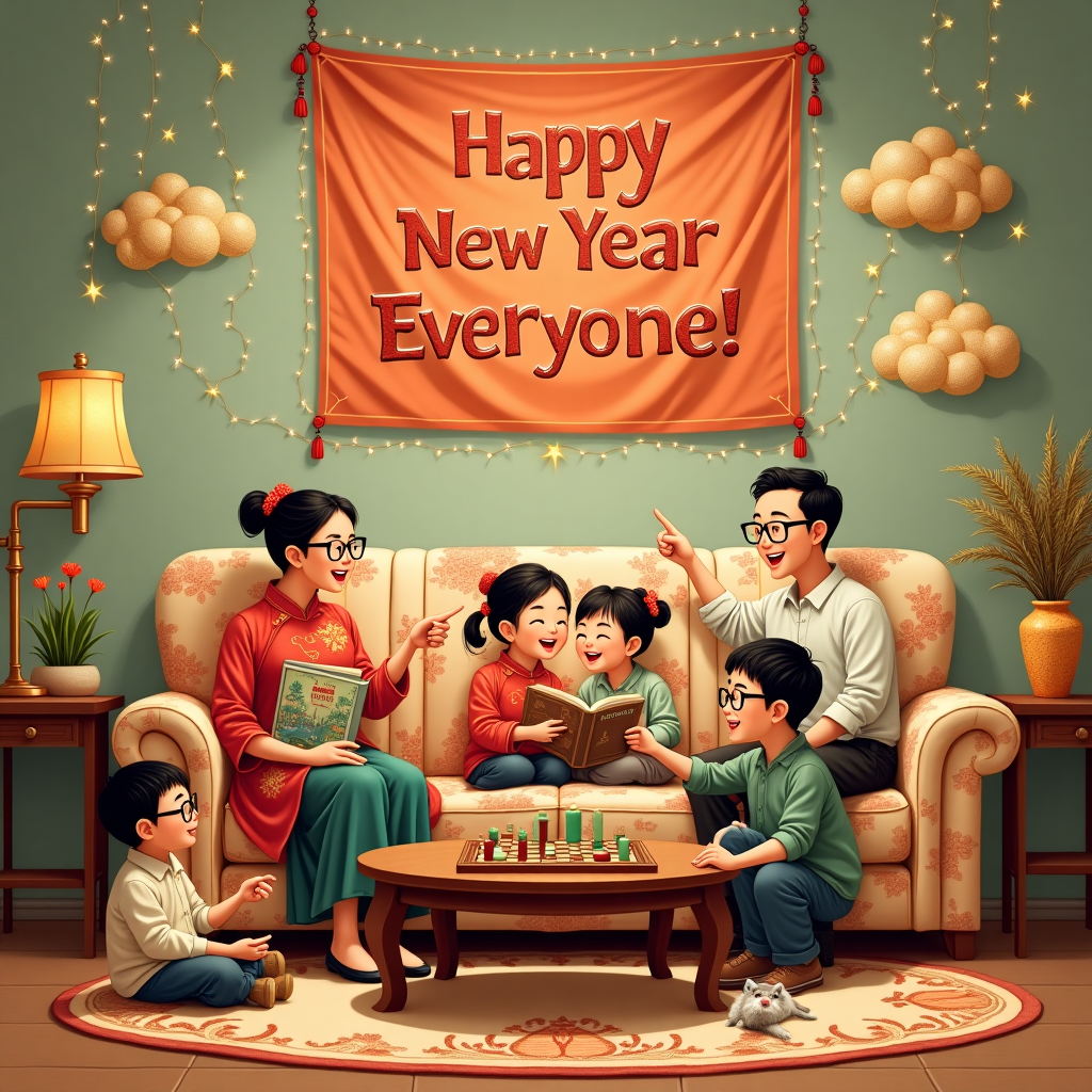 In a whimsically cozy living room, reminiscent of a Norman Rockwell scene infused with a Quentin Blake twist, a lively Chinese family of six is gathered around a plush, floral-patterned sofa, embroidered with vibrant reds and golds. The two boys, both wearing oversized glasses that slightly magnify their mischievous eyes, sit cross-legged on the floor, engrossed in a chess game made of intricate jade pieces that capture the light. The girl with glasses, with pigtails adorned with little dragon clips, perches on the sofa's arm, reading a book titled "Adventures in Noodle Land," her feet dangling playfully. Her sister, dressed in a bright red qipao with delicate peonies embroidered on the fabric, leans against the sofa's back, whispering secrets to an adorable fluffy cat curled next to her.

The parents, seated comfortably on the sofa, are animatedly discussing their plans for the coming year. The mother, with a laugh that seems to echo in her sparkling earrings, points at a wall calendar that features a vintage illustration of a bustling Chinese market. The father holds a small handheld firework, its tip crackling with anticipation. Above them, the wall is adorned with an oversized, intricately designed New Year banner that features the message "Happy New Year Everyone!" in bright, swirling calligraphy, reminiscent of Beatrix Potter’s attention to detail with a hint of Edward Gorey’s eccentricity. Golden clouds crafted from glittering paper, seemingly floating in the air, frame the banner, while the cheerful twinkling of tiny fairy lights weaves through the whole scene, capturing the magic of the moment.
Generated with these themes: Chinese family of 6 people , 2 boys with glasses, One girl with glasses, One girl , On a sofa , and Family setting.
Made with ❤️ by AI.