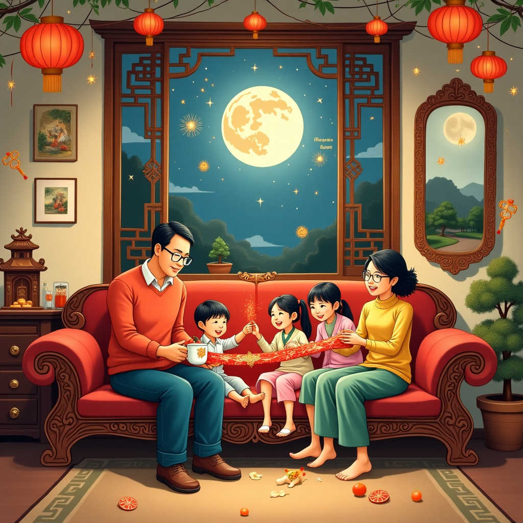 The illustration depicts a lively and bustling living room where a Chinese family of six, nestled comfortably on a large, ornately carved wooden sofa, welcomes the New Year. This sofa, with its intricate floral carvings, spans the center of the room. The father, sporting a warm, red cashmere sweater, sits on one end with a gentle, joyful expression as he pours tea into small porcelain cups decorated with golden dragons. Next to him, the mother, wrapped in a delicate jade green silk scarf, holds a bowl of freshly peeled oranges, their citrus aroma filling the air. Their teenage daughter, wearing stylish glasses and a bright yellow turtleneck, is leaning forward with excitement as she holds a sparkling popper, ready to burst in jubilation. To her right, her younger sister, wearing a vibrant pink cardigan, is giggling at the two younger boys. The two boys, both with glasses, are engaged in an animated, playful tug-of-war with a long, red-and-gold dragon-themed scarf, their laughter illuminating the room. 

The family’s reflection is captured in a large oval mirror on the wall, adorned with a gilded frame reminiscent of Arthur Rackham’s whimsical designs. Behind the family, the room is filled with decorations inspired by Maurice Sendak, including paper lanterns in various shades of crimson and gold, and intricate paper cut-outs of animals scattered around the room, giving a nod to the upcoming Chinese zodiac sign. A Beatrix Potter-inspired painting of a quaint countryside landscape hangs beside the mirror, adding a gentle touch of serenity.

In the backdrop, a large bay window reveals the soft glow of moonlight, where "Happy New Year Everyone!" is written in delicate fireworks-like sparkles in the sky, a nod to Maxfield Parrish’s ethereal lighting. A small Chinese pagoda-shaped shelf by the window displays family photos and a small bonsai tree, creating a cozy atmosphere.

Above, the ceiling is lined with paper chains and stars twinkling like those in Gustave Doré’s celestial illustrations, casting subtle shadows on the walls. The entire scene is a delightful amalgamation of details, each piece contributing to a heartwarming and festive family gathering.
Generated with these themes: Chinese family of 6 people , 2 boys with glasses, One girl with glasses, One girl , On a sofa , and Family setting.
Made with ❤️ by AI.