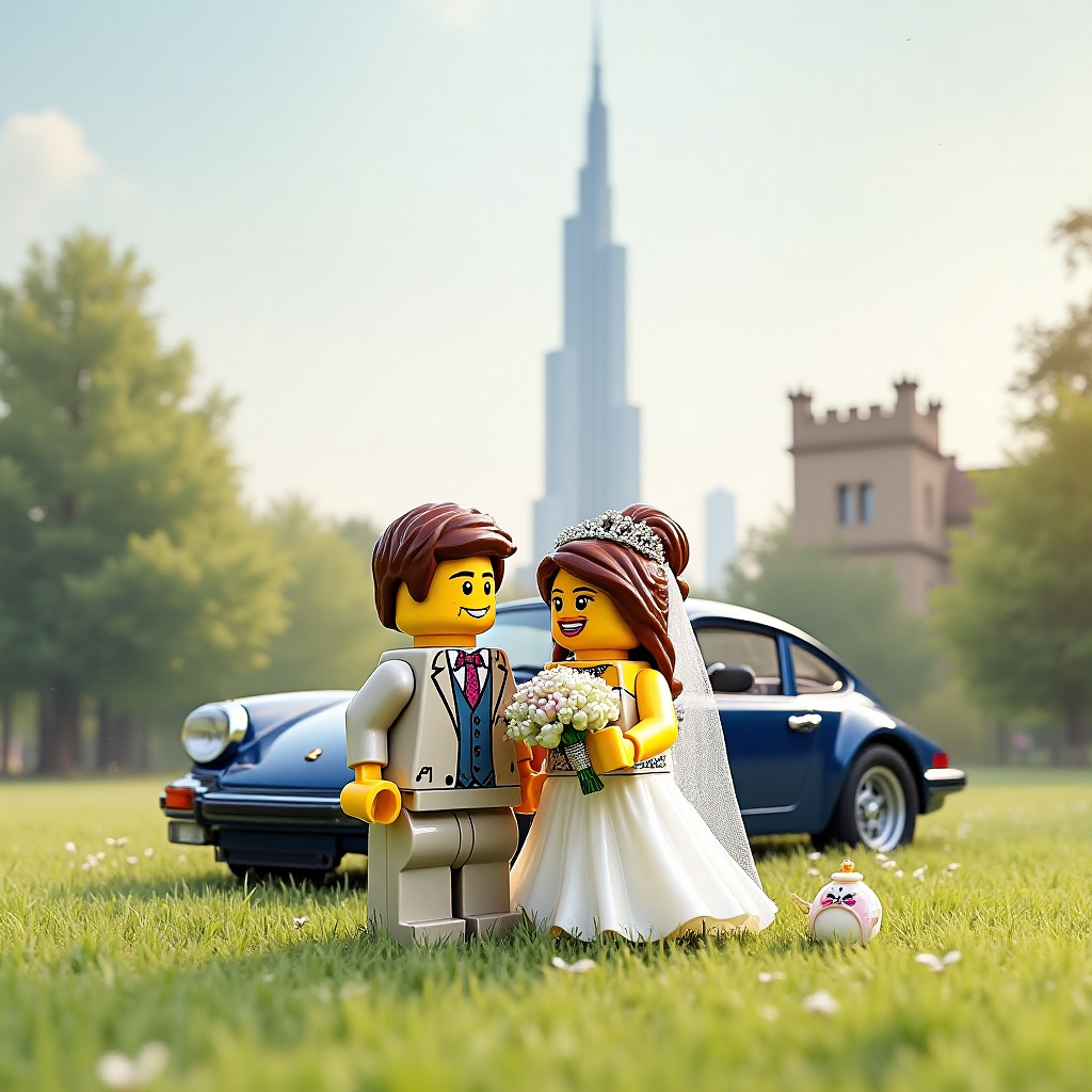 Lego-style, thicket priory (yorkshire), burj khalifa, lego groom (brown hair), lego bride (brown hair), navy porsche, fashion, yorkshire pudding standing on lawn, rolex on groom's wrist, big engagement ring on bride, and Wedding Card