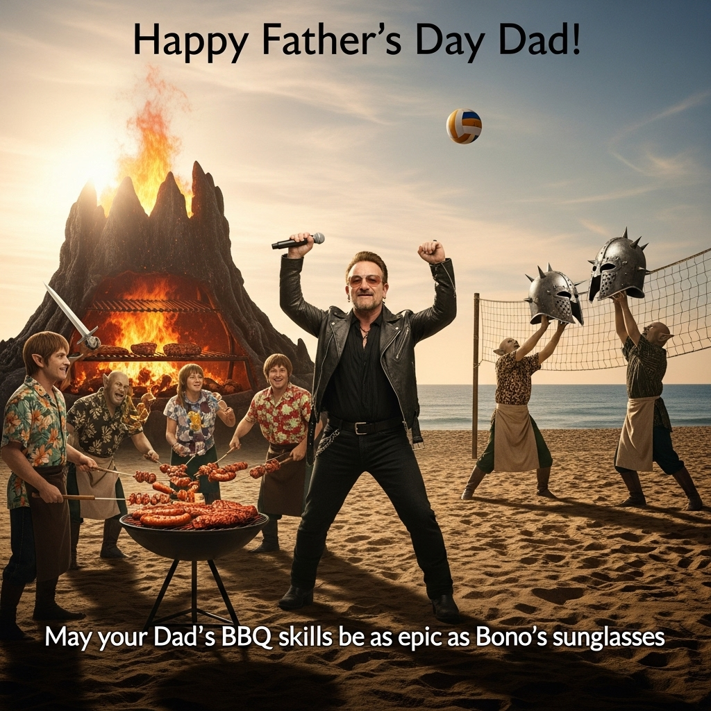 At the top of the Photorealistic picture taken from a camera image, include the text: "Happy Father's Day Dad!"

---

**Image Description:**

Imagine a scene where Bono, dressed in his signature sunglasses and leather jacket, is hobbit-sized, standing triumphantly on a beach. In the background, towering behind him, is a massive BBQ grill resembling the fiery depths of Mount Doom from Lord of the Rings. A group of hobbits and orcs, with their battle gear swapped for Hawaiian shirts and aprons, are joyfully grilling sausages and steaks.

Off to one side, a beach volleyball net is set up, but instead of a ball, there's a large spiked helmet from the Battle of Stalingrad being volleyed back and forth between elves and goblins, all in good humor. The sun is setting, casting a golden hue over the playful chaos, while Bono holds a microphone, seemingly ready to serenade the beachgoers with an impromptu concert.

In the bottom corner of the image, add a cheeky text caption: "May your Dad's BBQ skills be as epic as Bono's sunglasses!"
Generated with these themes: Bono, Lord of the Rings, The Battle of Stalingrad, BBQ on the Beach , and .
Made with ❤️ by AI.